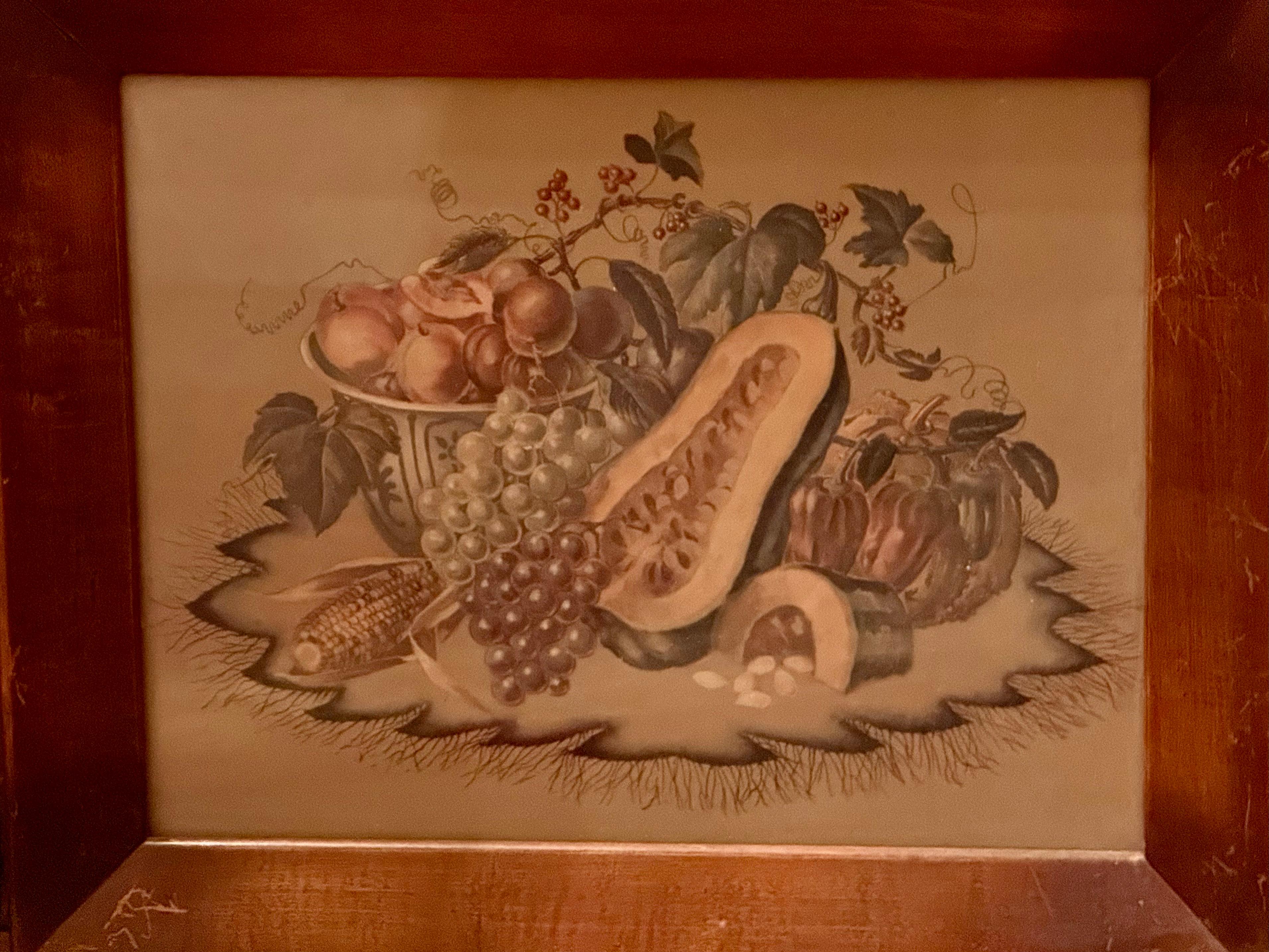 Thanksgiving ‘Farmers Pride’ two prints in solid wood frames, these are perfect for fall decor. As the cornucopia, horn of plenty, these are prints of fruits, one with squash and one with melon, grapes, berries and vines. Set on a dark beige paper,
