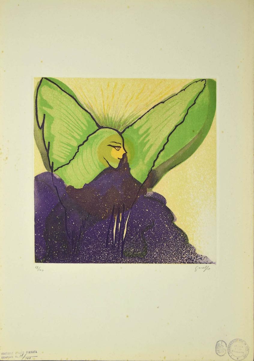 L'ange - eau-forte et lithographie originales de Guelfo - milieu du 20e siècle