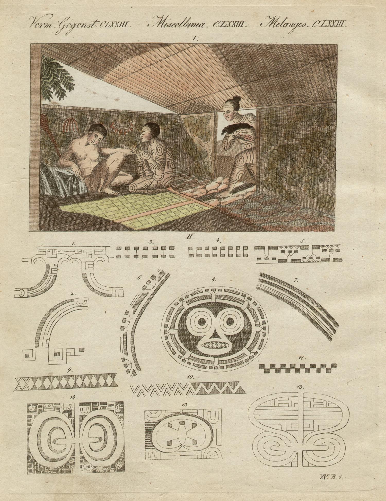 The Art of Tattooing in Nuka, engraving with original hand-colouring, circa 1815