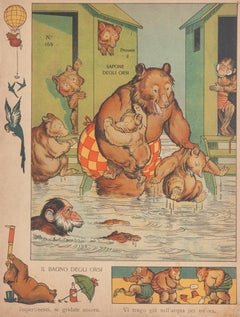 Antique The Bath of bears - Original Lithograph - 19th Century