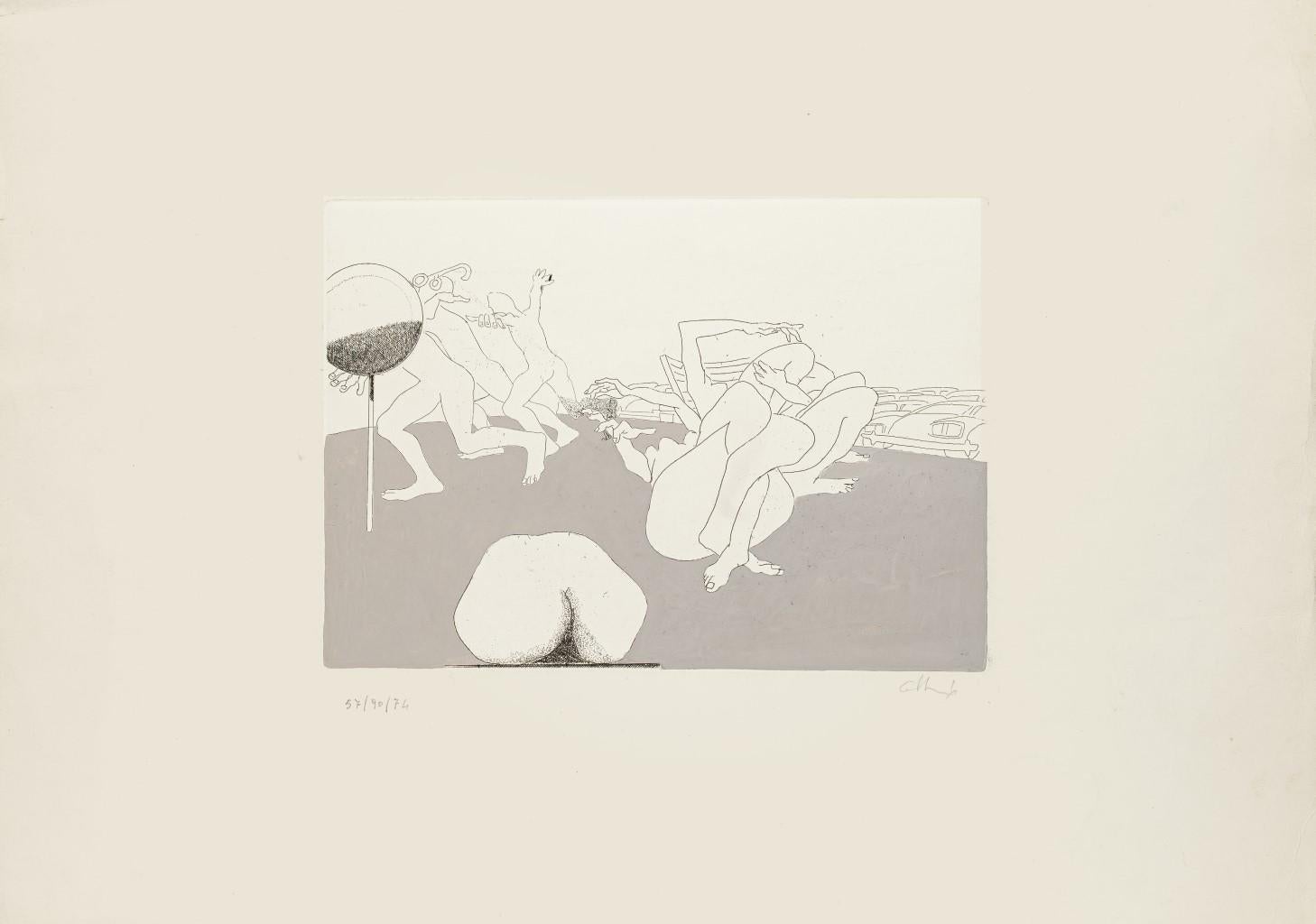 Unknown Figurative Print - The Beach - Original Etching on Cardboard - 20th Century