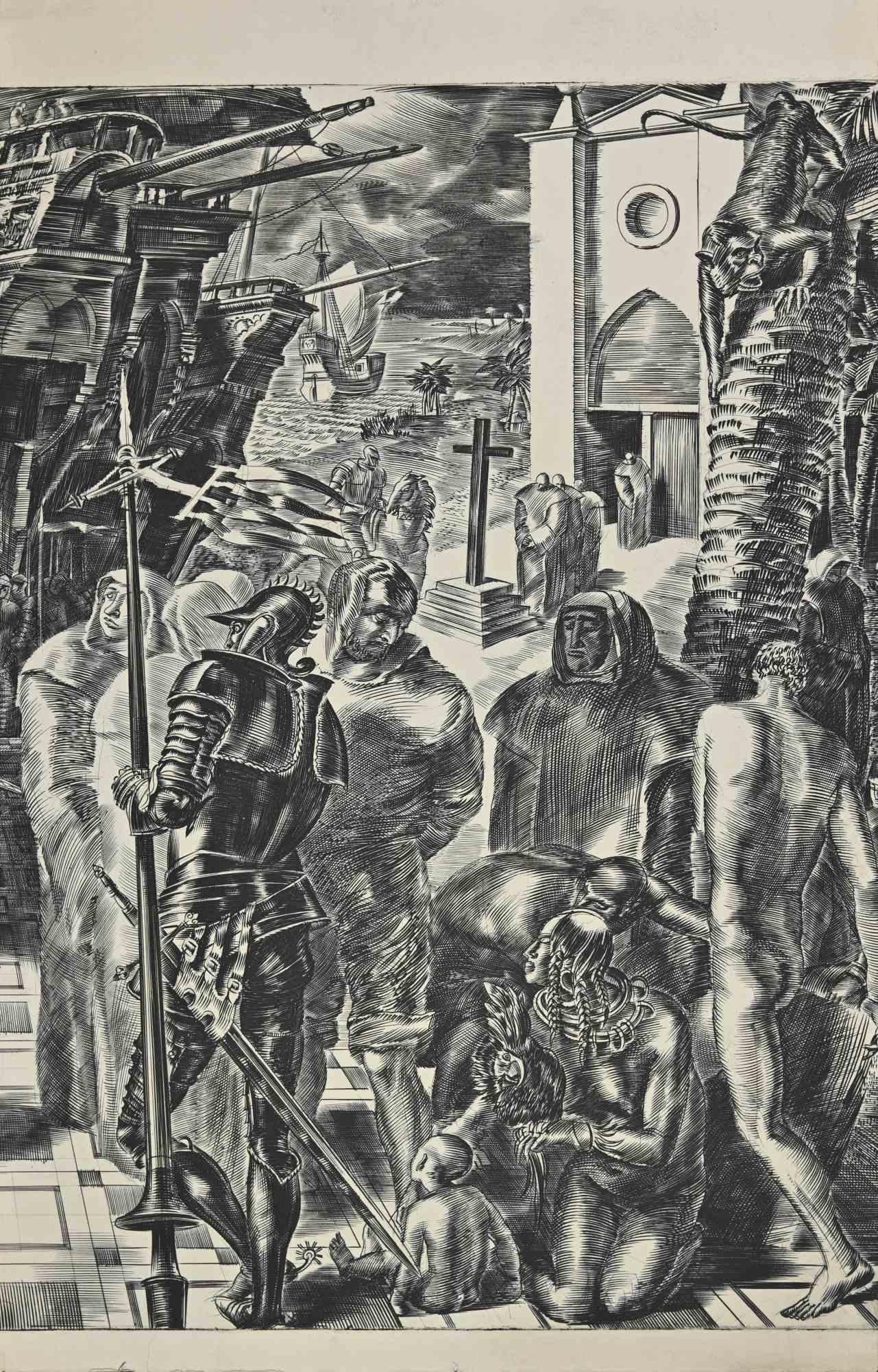 Unknown Figurative Print – The Departure from The Port – Radierung – Anfang des 20. Jahrhunderts