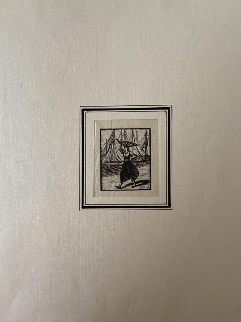 The fisherwoman - Original Woodcut - mid-20th Century - Print by Unknown