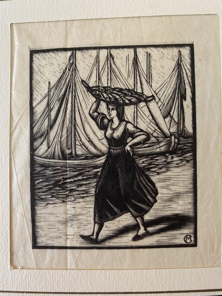 La femme pêcheuse - gravure sur bois originale - milieu du 20e siècle
