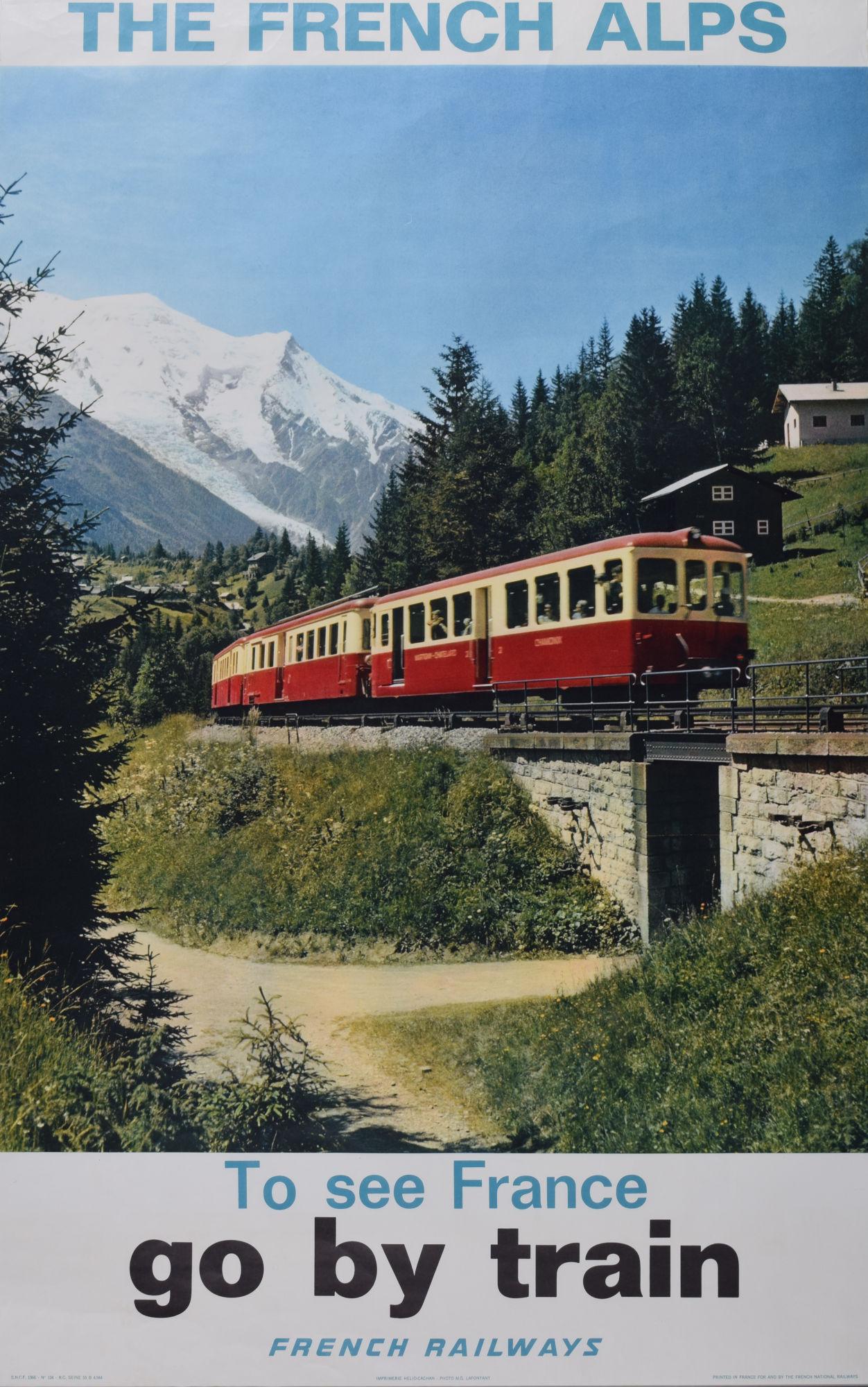 Affiche de voyage vintage originale « The French Alps - To See France, Go by Train » - Print de Unknown