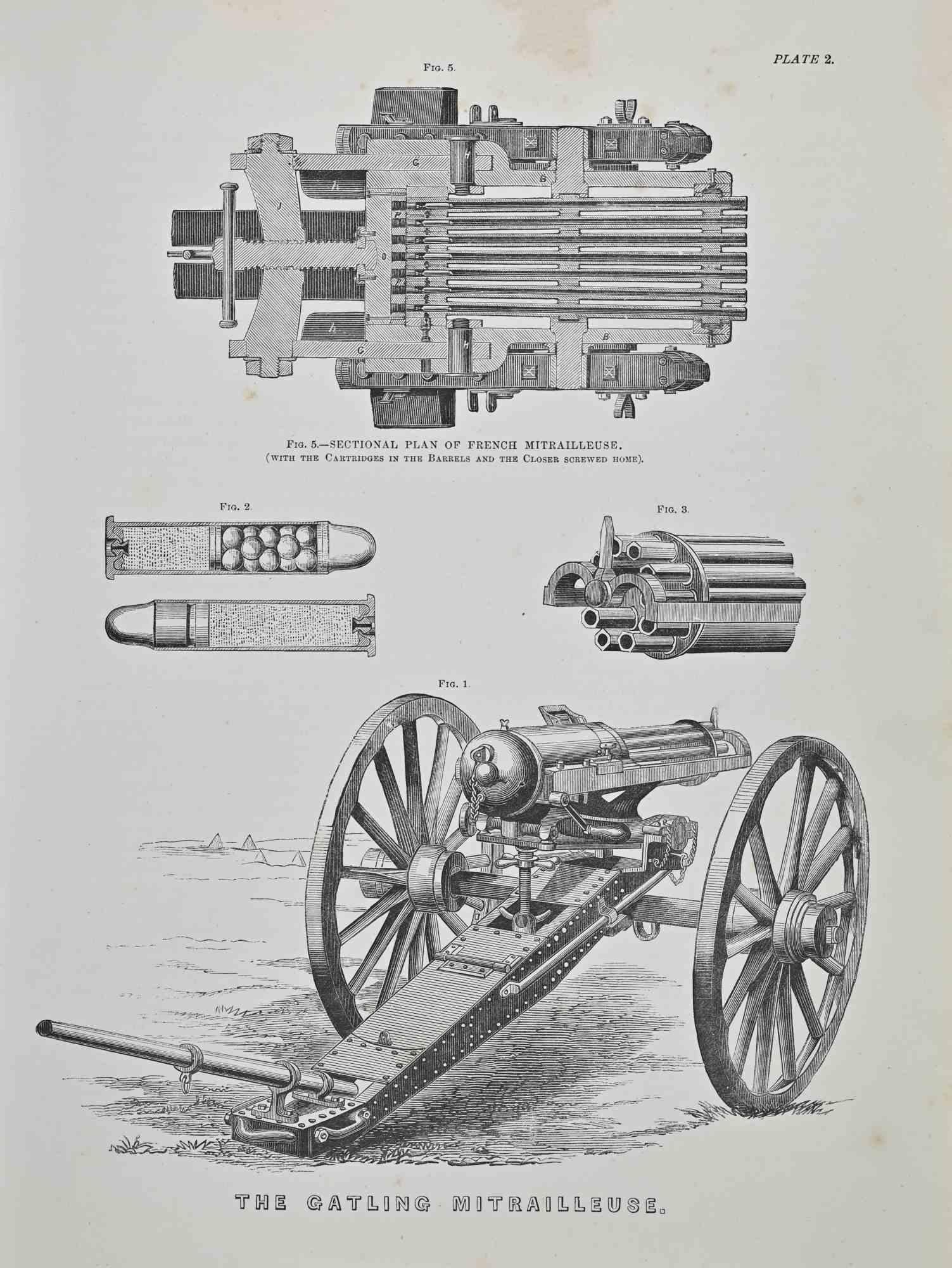 Unknown Figurative Print – Gatling Mitrailleuse – Lithographie – Gatling – 1872