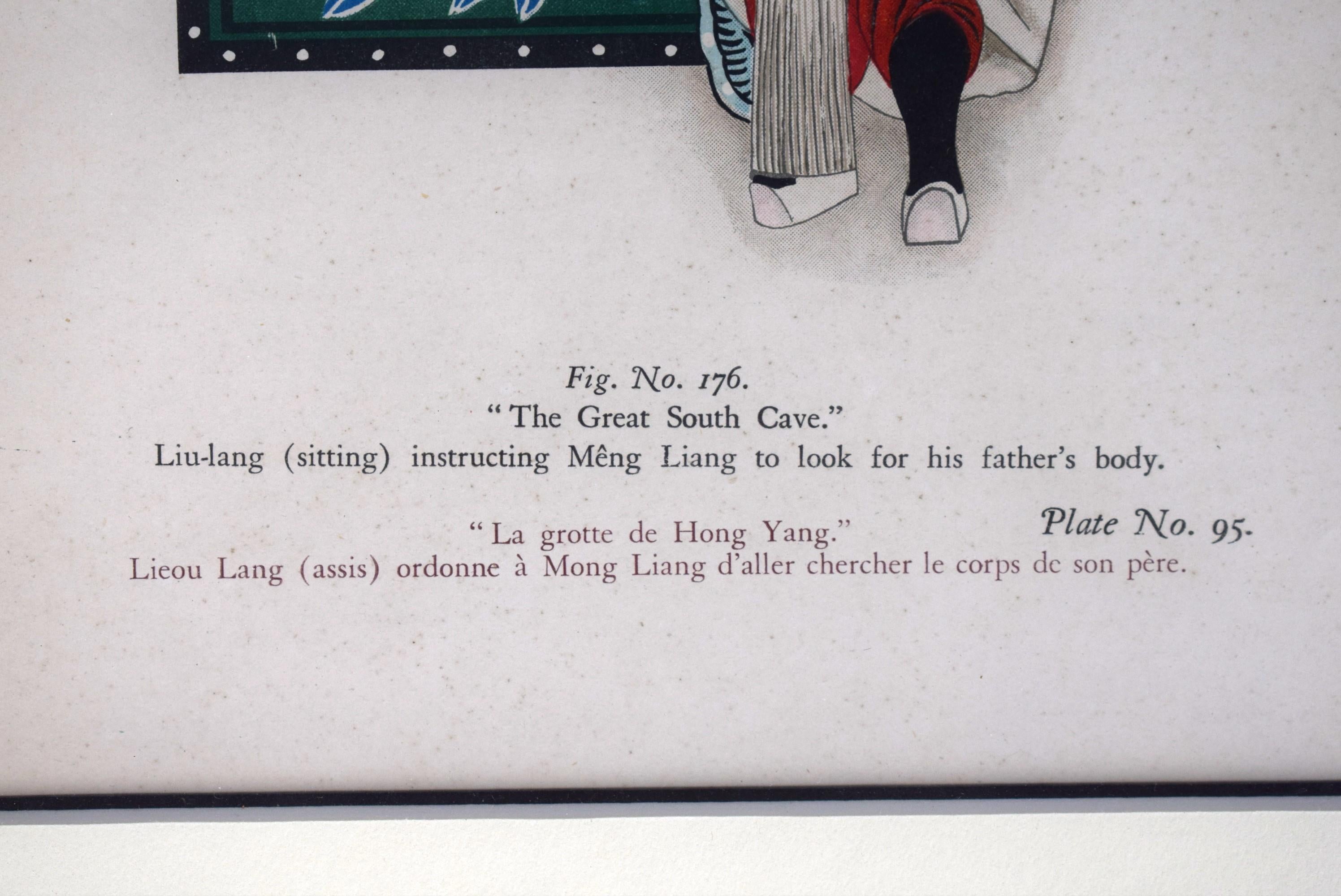 Buntes handkoloriertes Litho Bild. Nr. 176. mit dem Titel Die große Höhle des Südens Liu-lang (sitzend), der Meng Liang anweist, die Leiche seines Vaters zu suchen, aus dem Folio Le Theatre Chinois, das 1935 in Peking veröffentlicht wurde

Kunst Sz: