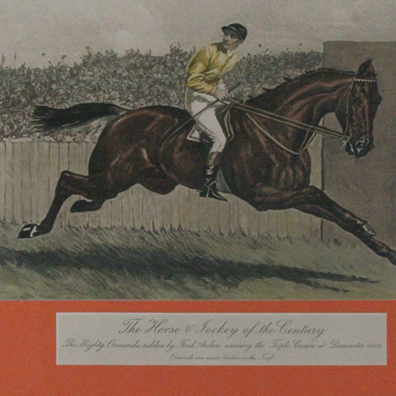 Colourful chromo-lithograph depicting The Mighty Ormonde ridden by Fred Archer winning the Triple Crown at Doncaster 1886 Ormonde was never beaten on the Turf

Print Sz: 10