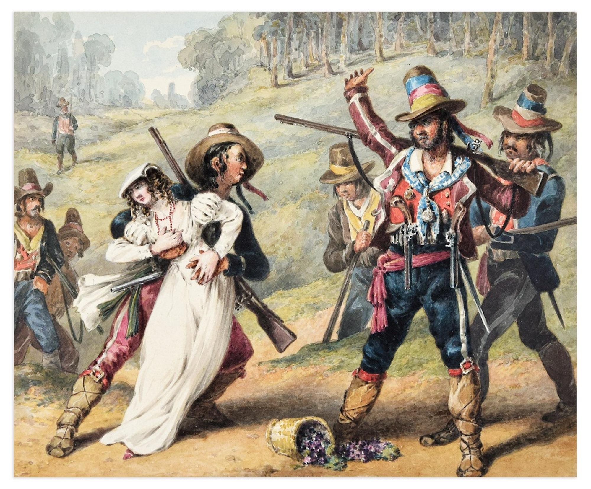 Figurative Print de Unknown - El Secuestro - Tinta y Acuarela Original del Maestro Napolitano - 1800