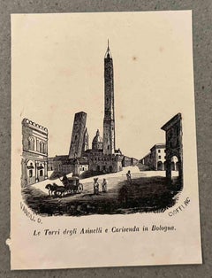 Les terres de Asinelli et Garisenda à Bologne - Lithographie - 19e siècle 