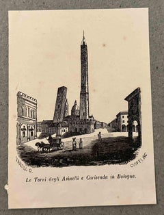 Las Tierras de los Asinelli y Garisenda en Bolonia - Litografía - Siglo XIX