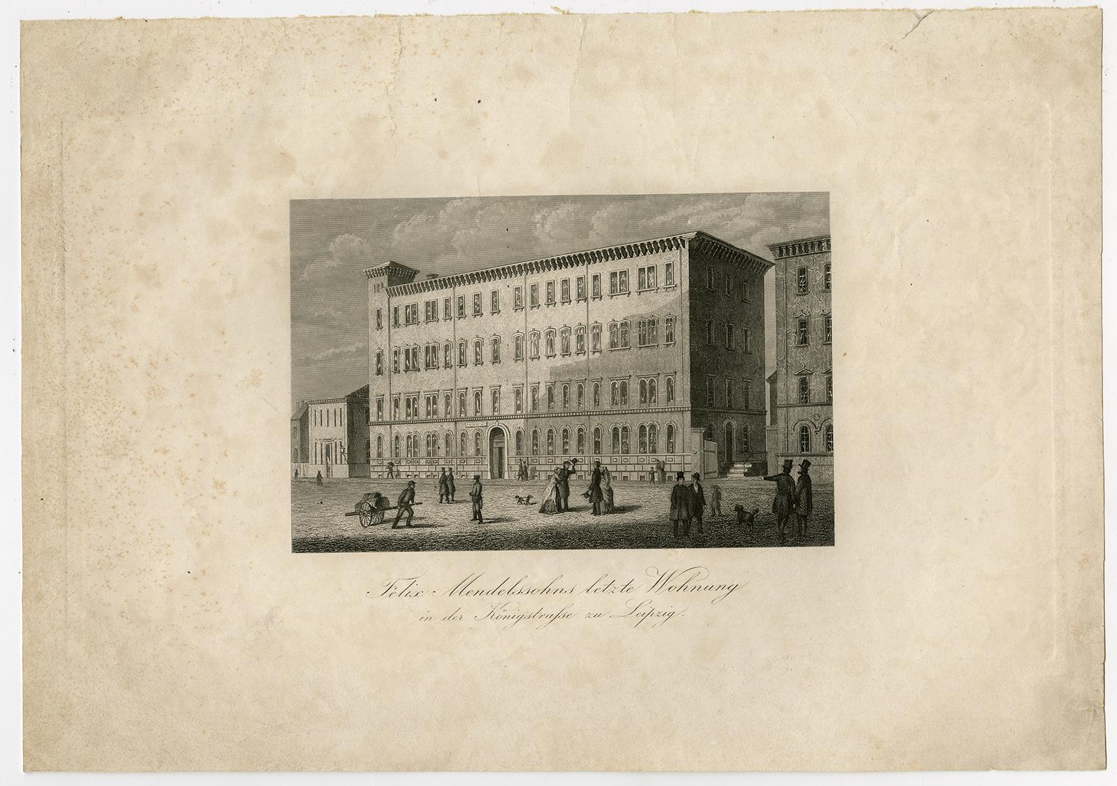 Unknown Portrait Print - The last house of composer Felix Mendelssohn Leipzig - Engraving - 19th Century