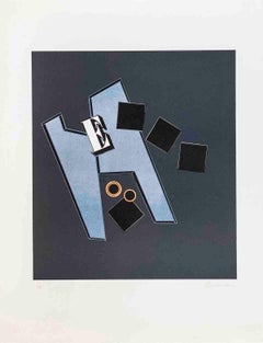 The Letter E-25.5" x 19.25"-Lithograph-1975-Abstract-Gray, Blue-geometry, shapes