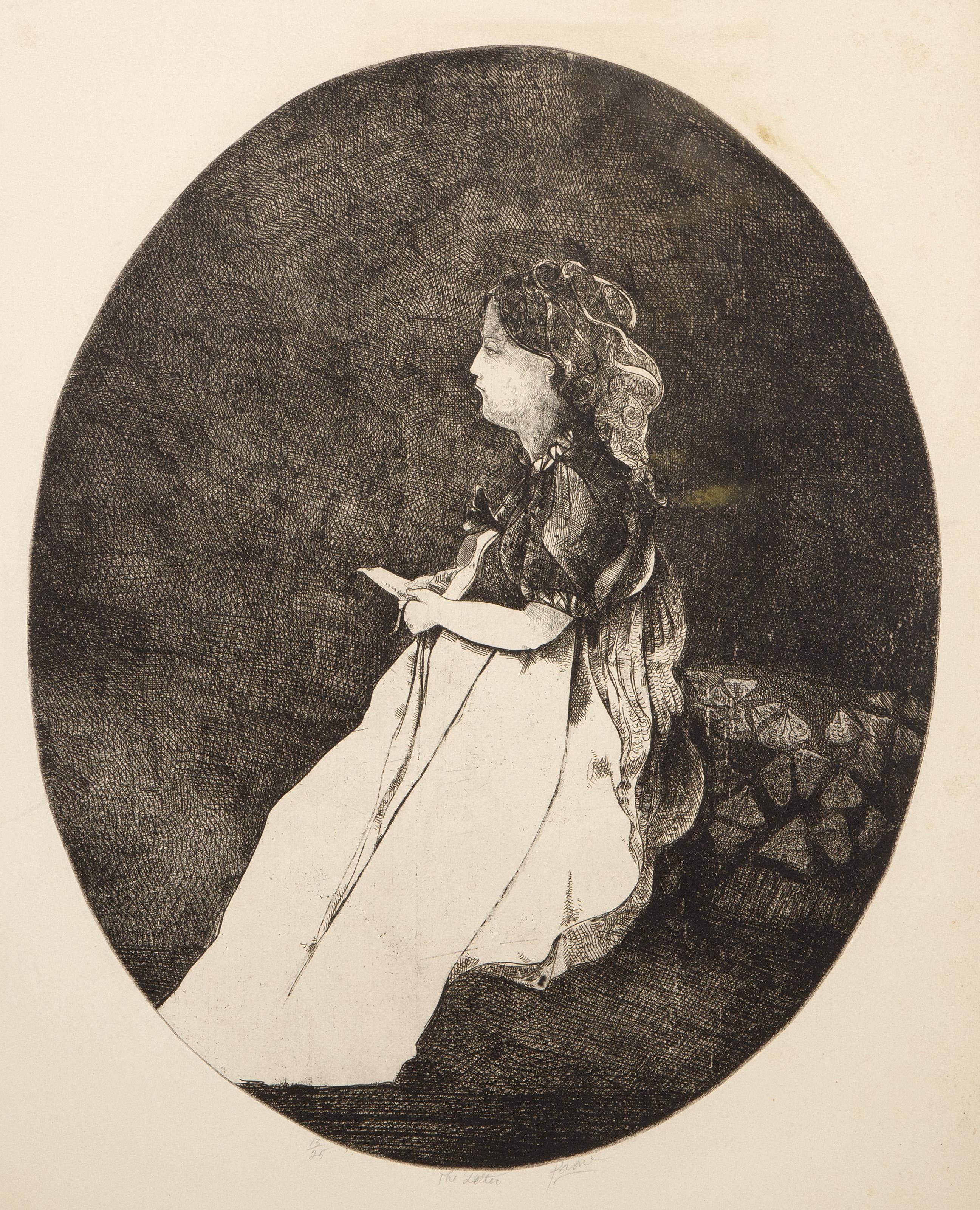  Peter Paone, American (1936 - ) -  The Letter, Year: circa 1963, Medium: Etching on Rives, signed, numbered and titled in pencil, Edition: 13/25, Image Size: 20 x 16 inches, Size: 25 x 19 in. (63.5 x 48.26 cm) 
