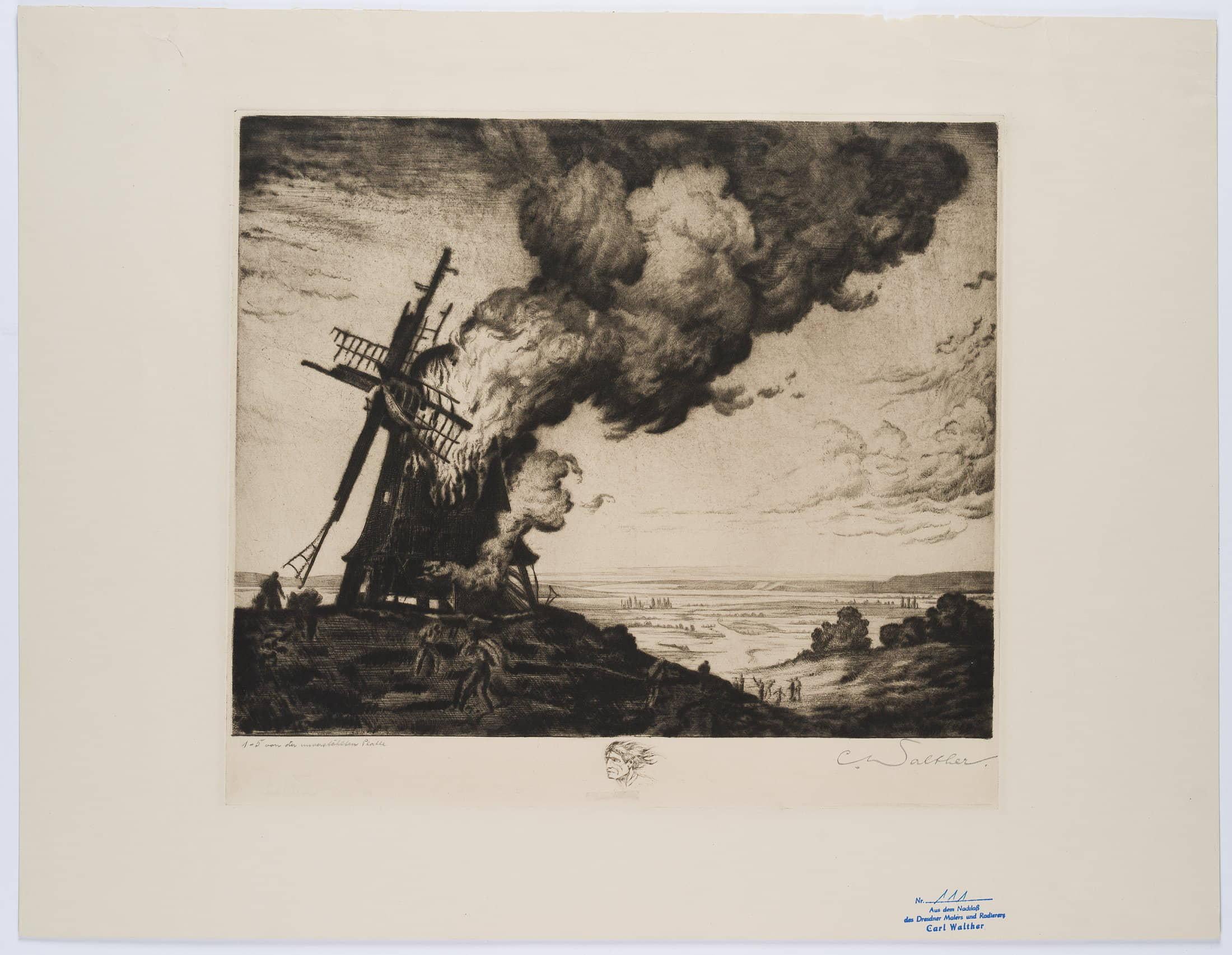 Carl August Walther (1880 Leipzig - 1956 Dresden): The mill fire, proof with border incursion, 20th century, Etching

Technique: Etching on Paper

Inscription: Inscribed and signed below the image, with estate stamp at lower right.

Date: 20th