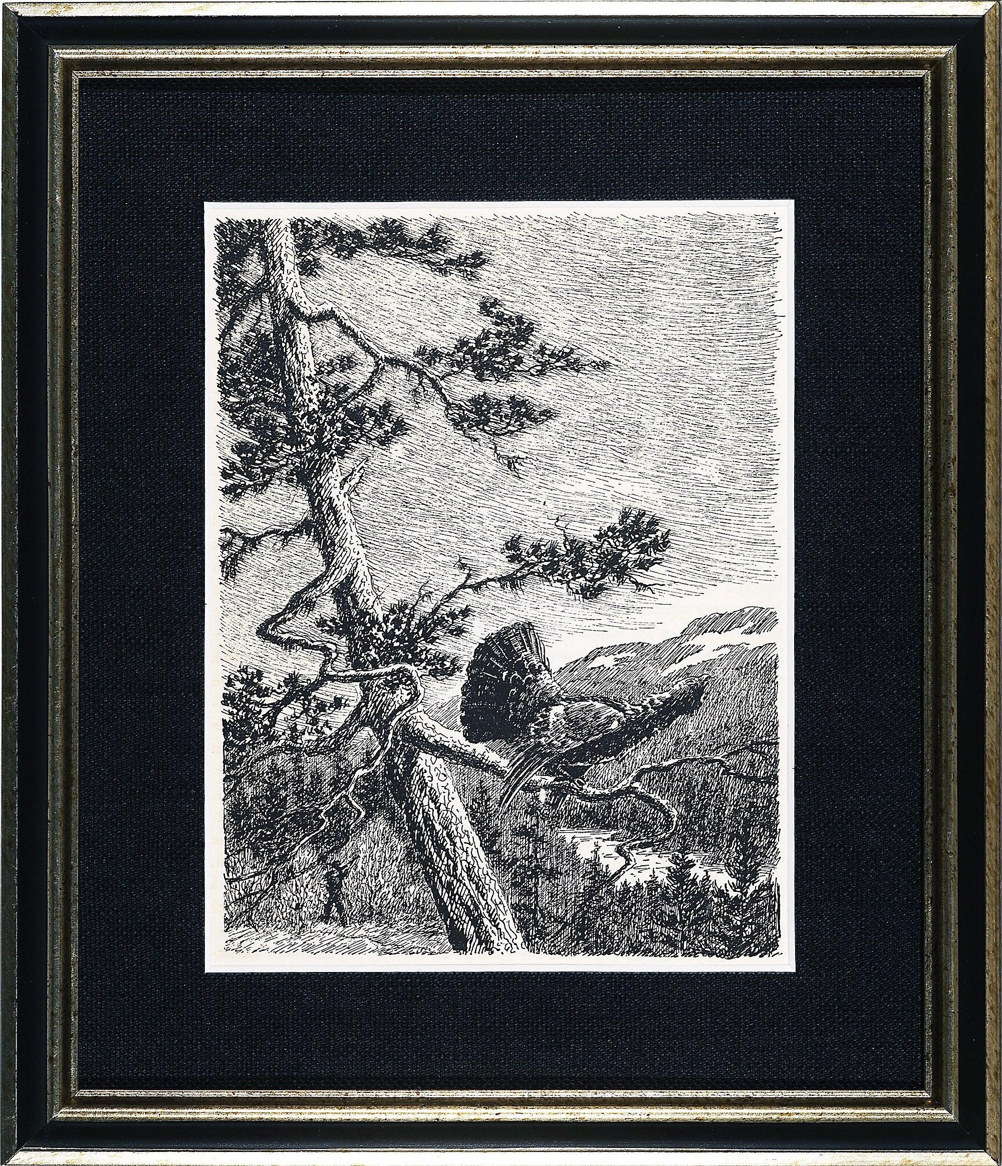 The Perfect Fishing Spot and Wild Turkey on a Branch - Black Landscape Print by Unknown