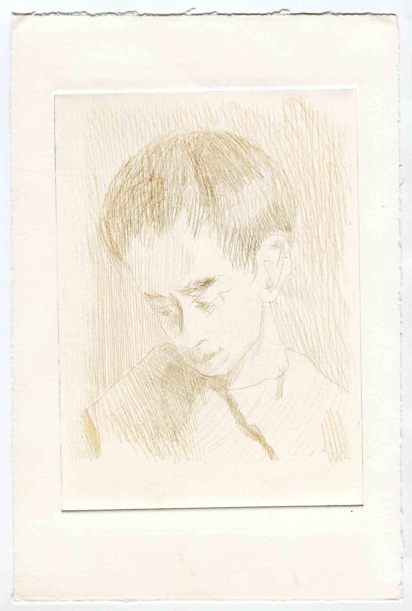 Unknown Figurative Print - The Portrait of a Boy - Original Etching and Drypoint - Mid-20th Century