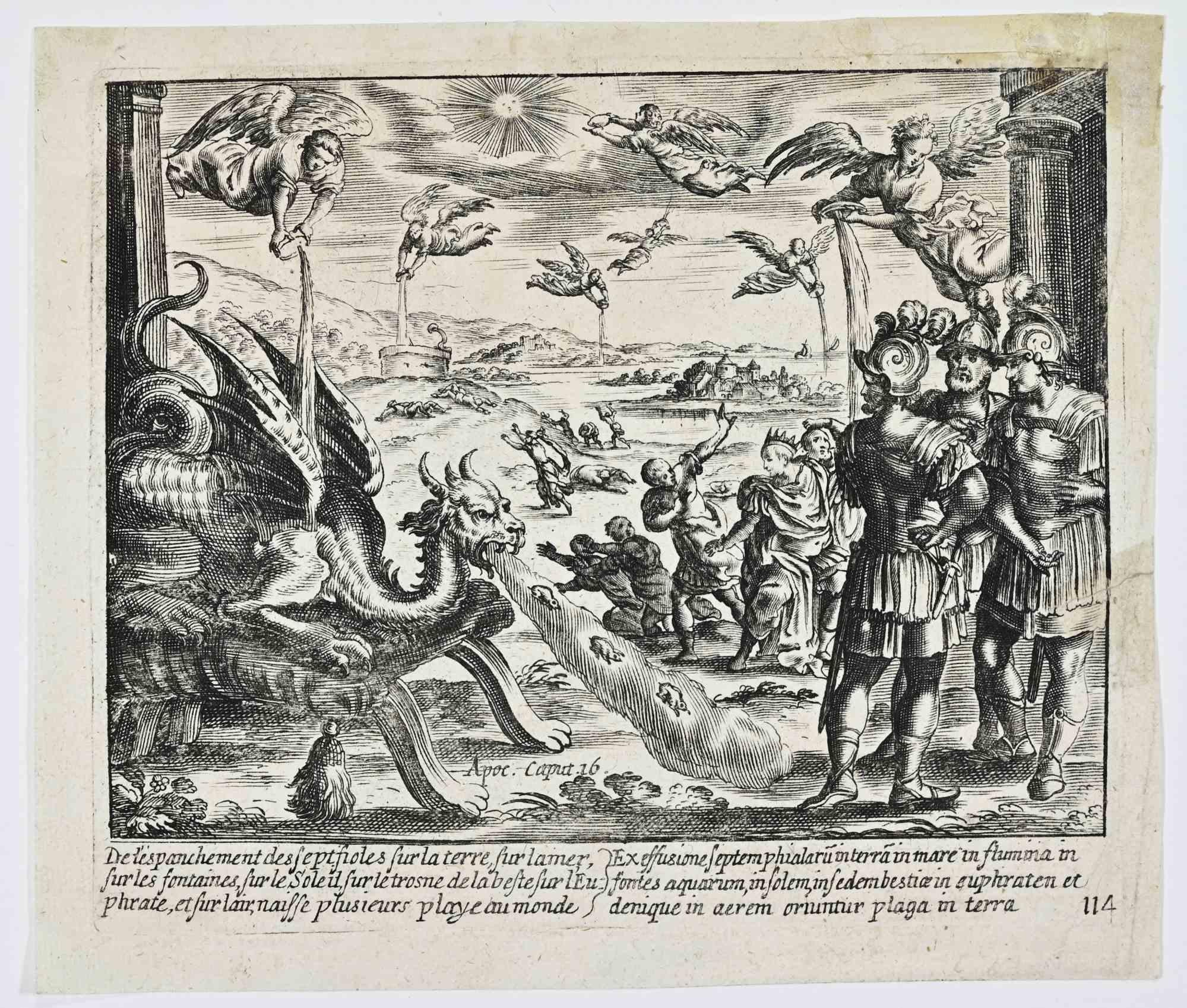 Unknown Portrait Print - The Pouring of the Seven Vials upon the Earth - Etching - Early 17th Century