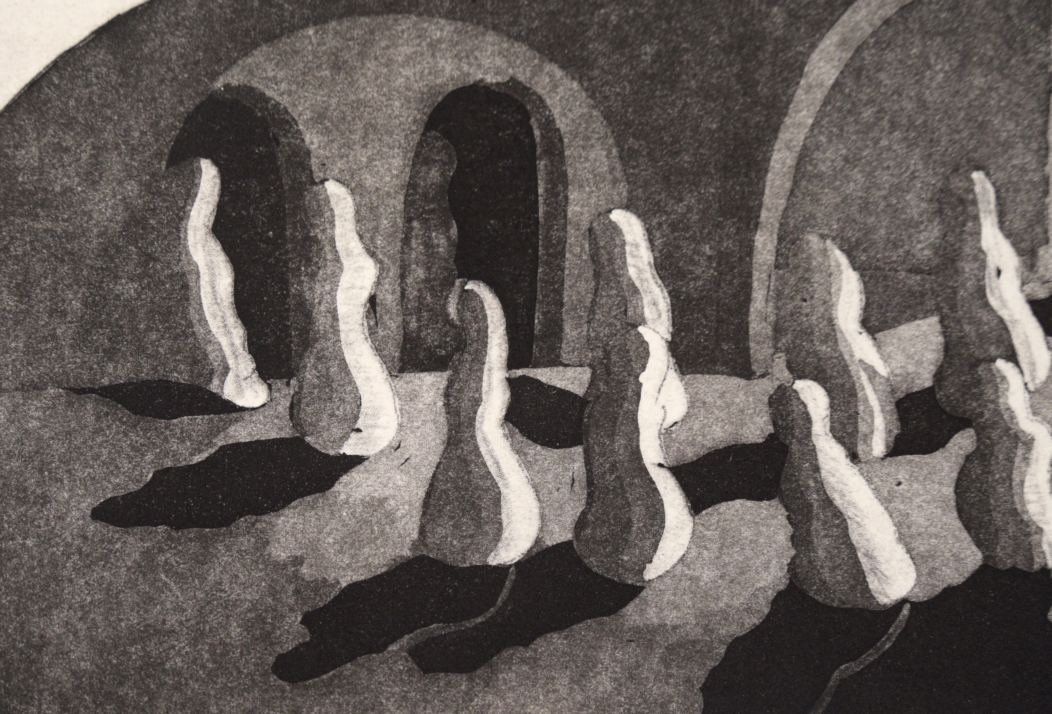 Bold figurative lithograph by an unknown artist (20th Century). Several figures wearing robes or cloaks are walking through arched passageways into a doorway. There are two rows of figures that appear to be converging into one.

Numbered, signed,
