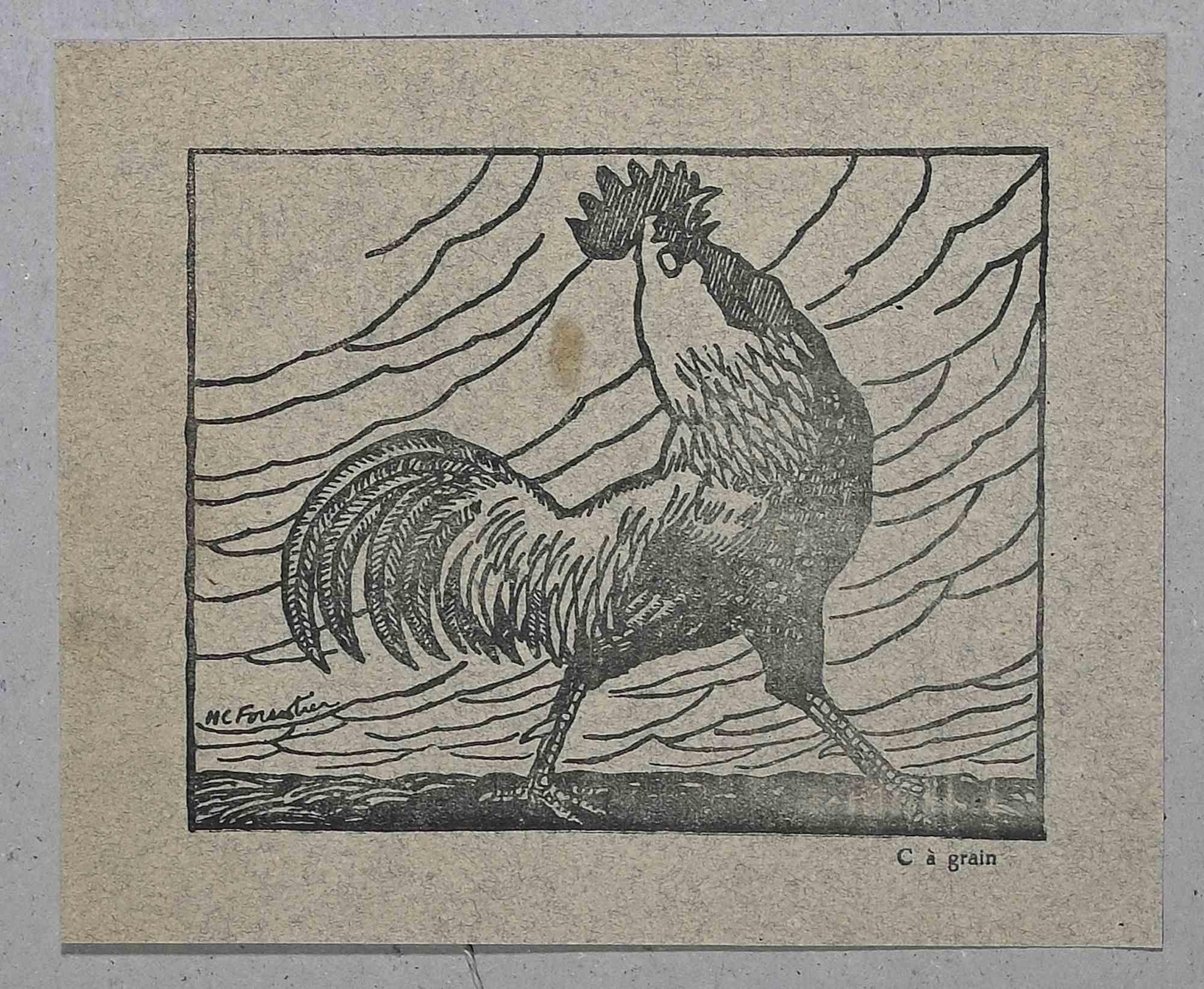 The Rooster - Original Woodcut Print  - 20th century - Beige Figurative Print by Unknown