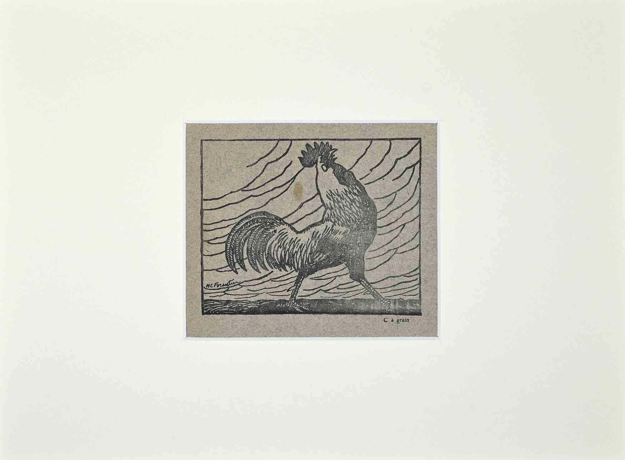 Unknown Figurative Print - The Rooster - Original Woodcut Print  - 20th century