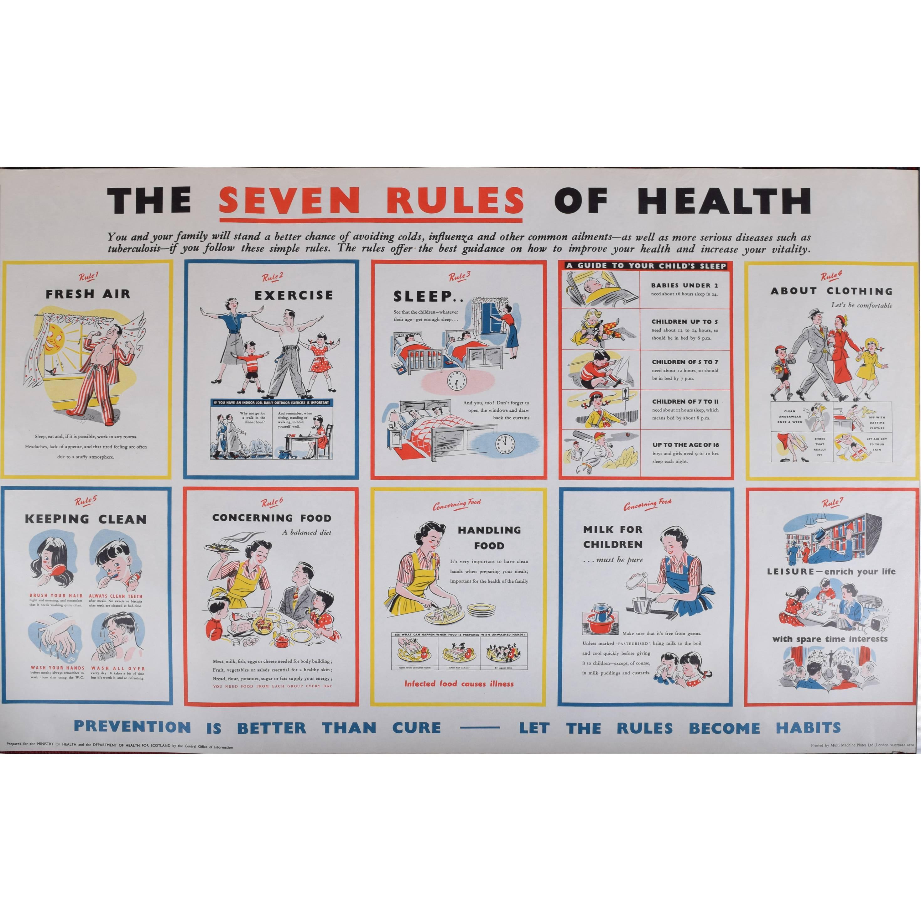 Les sept règles de la santé Affiche de propagande du gouvernement britannique HMSO c1950