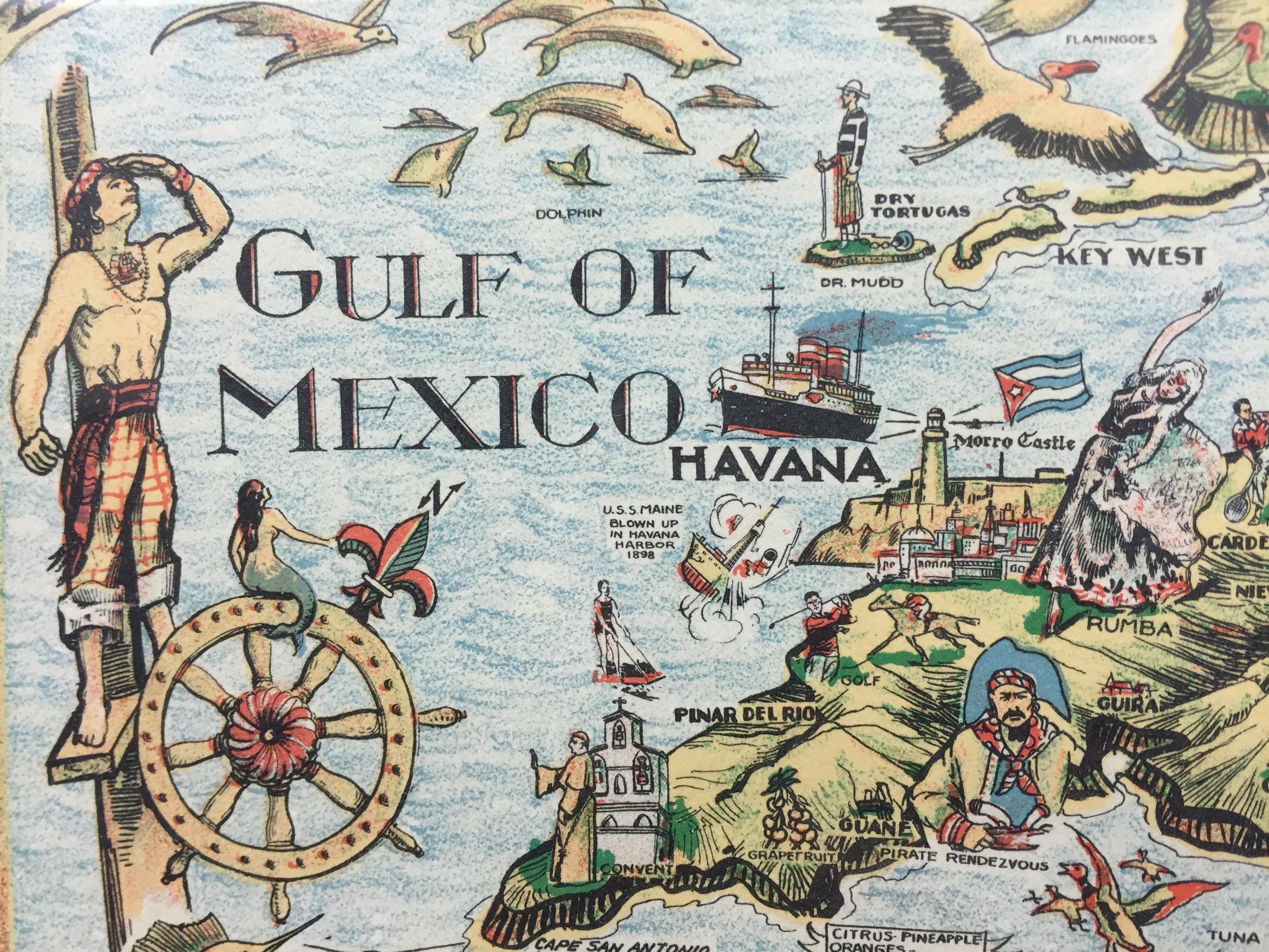 Carte en couleurs des Antilles publiée en 1936, encadrée, avec un motif de bordure inspiré de l'artisanat antillais et des fruits tropicaux indigènes.

Colortext Publication, Inc. Chicago (États-Unis)

Art Sz : 12 3/4 