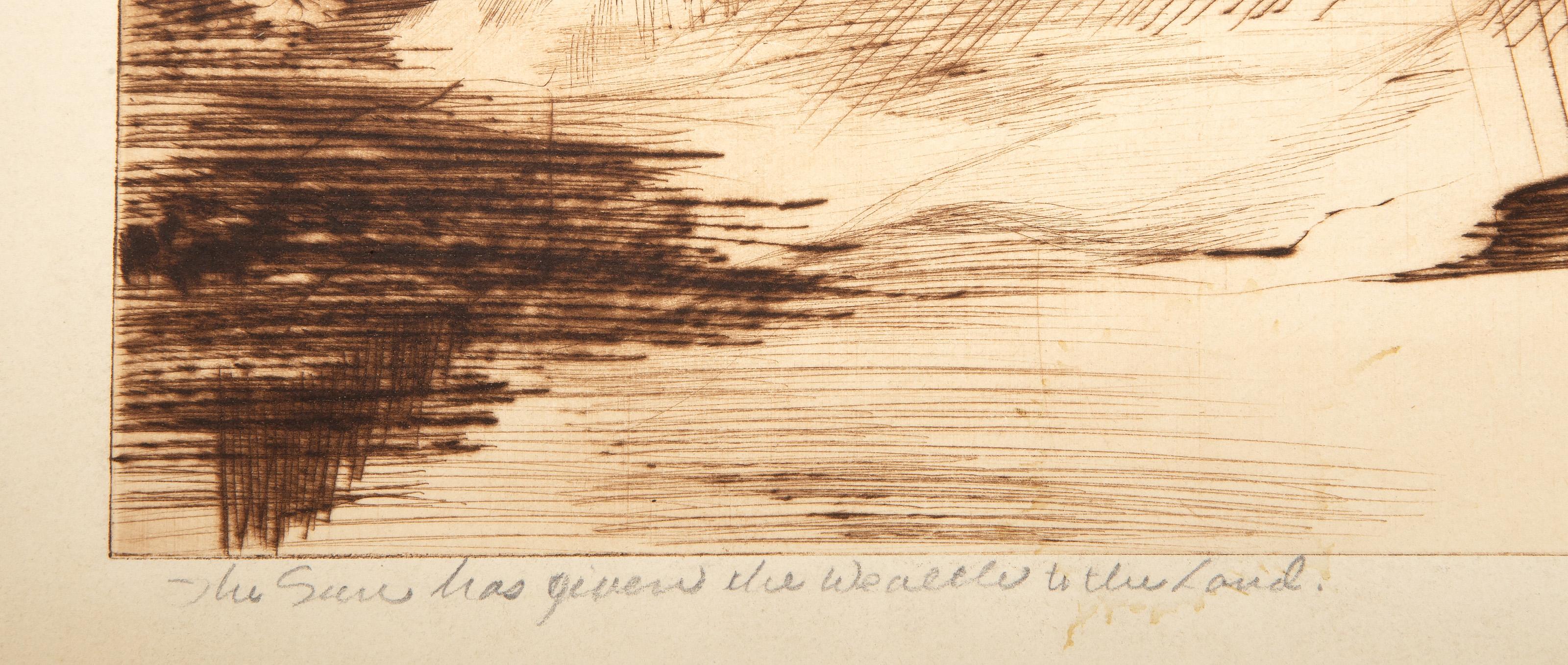  George O'Connell, estadounidense (1926 - ) -  El Sol Ha Dado La Riqueza A La Tierra, Año: 1958, Medio: Aguafuerte sobre Arches, firmado, titulado y fechado a lápiz, Tamaño de la imagen: 17,75 x 24 pulgadas, Tamaño: 20 x 27 pulgadas (50,8 x 68,58