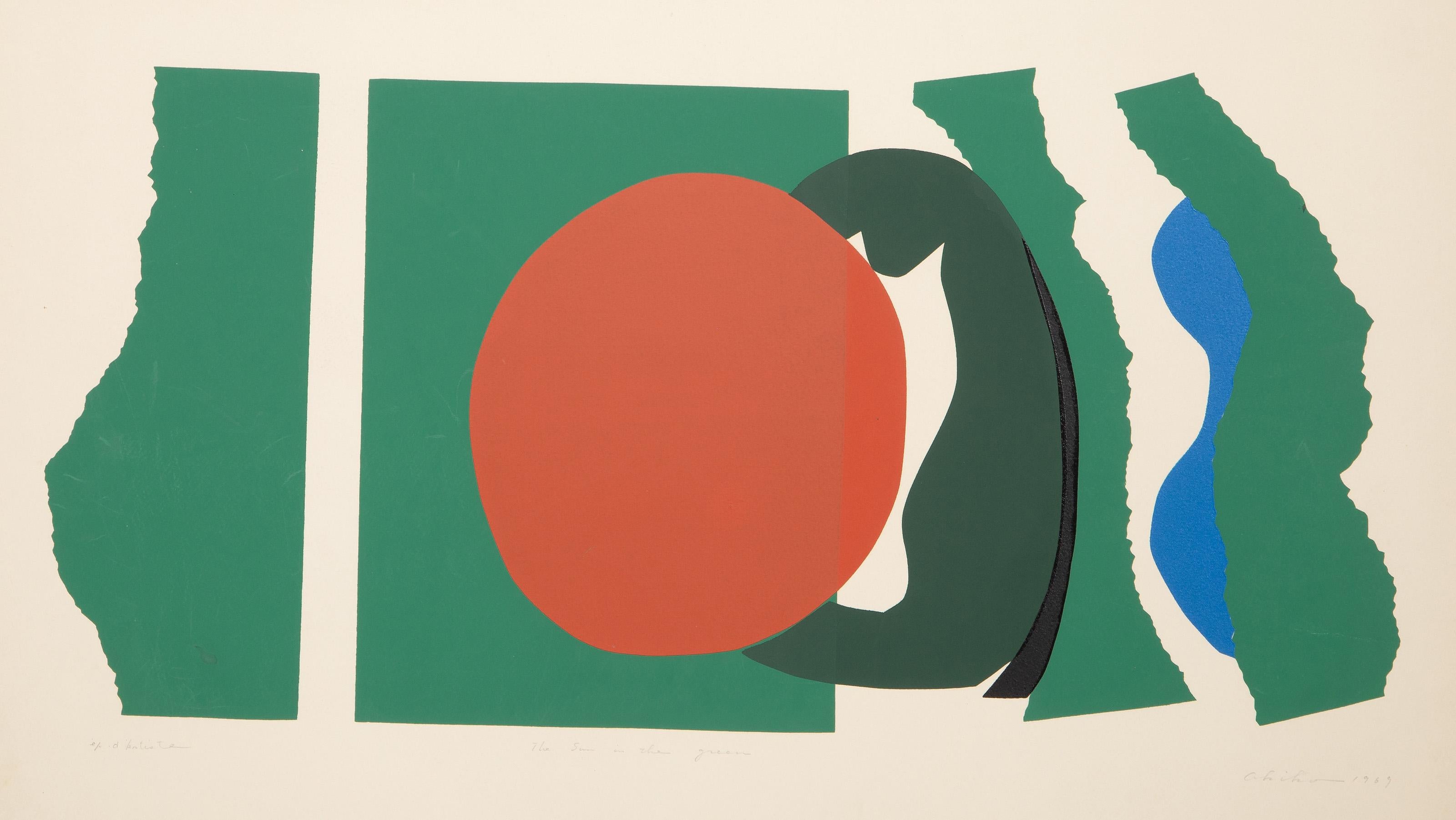  Shirai Akiko, Giapponese (1935 - 2001) -  Il sole nel verde, Anno: 1969, Medium: Serigrafia su archi, firmata, intitolata, numerata e datata a matita, Edizione: EA, Dimensioni immagine: 12 x 25 pollici, Dimensioni: 20.5 x 29 pollici (52.07 x 73.66