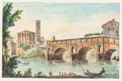 The Tiber Rome - Original Hand Watercolored Etching - 19th Century