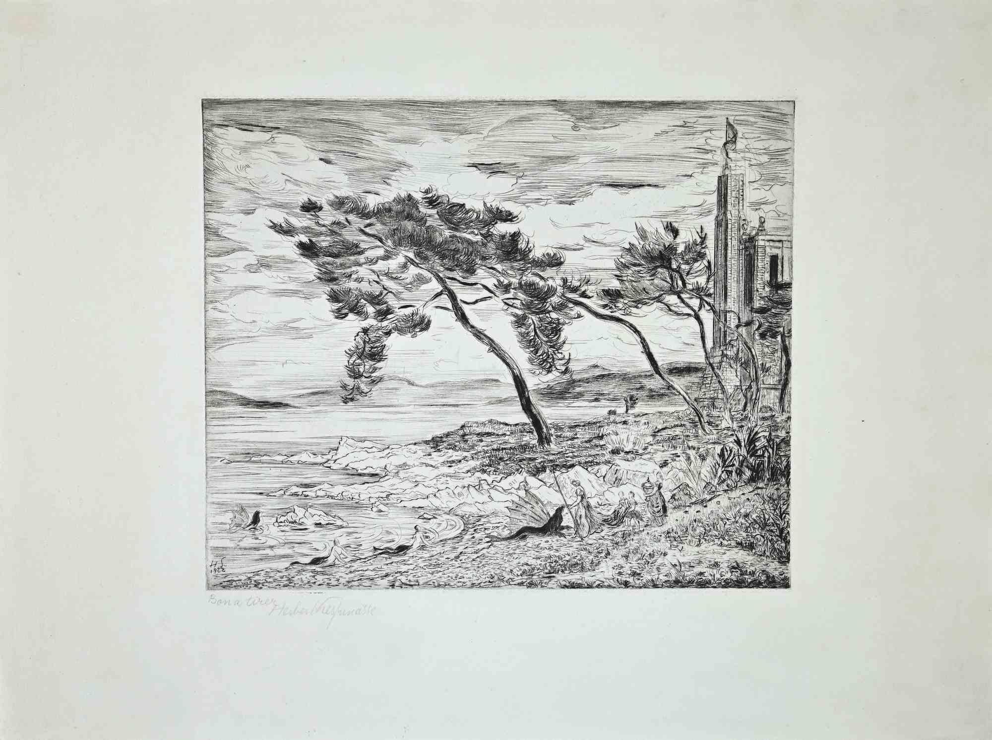 Unknown Figurative Print – Windy Shore - Original-Radierung - 1955