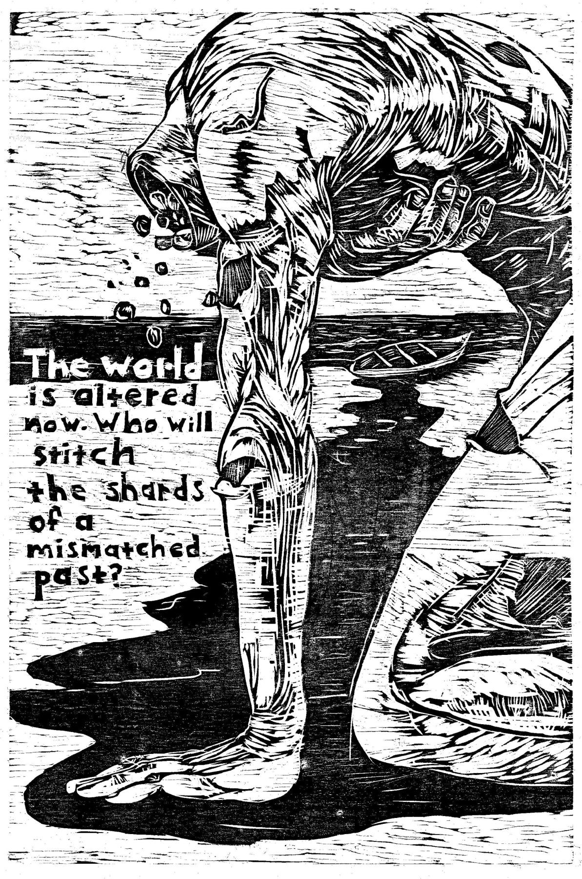 Unknown Figurative Print - The World Is Altered, Woodblock Print by Daniel Duford, 2013
