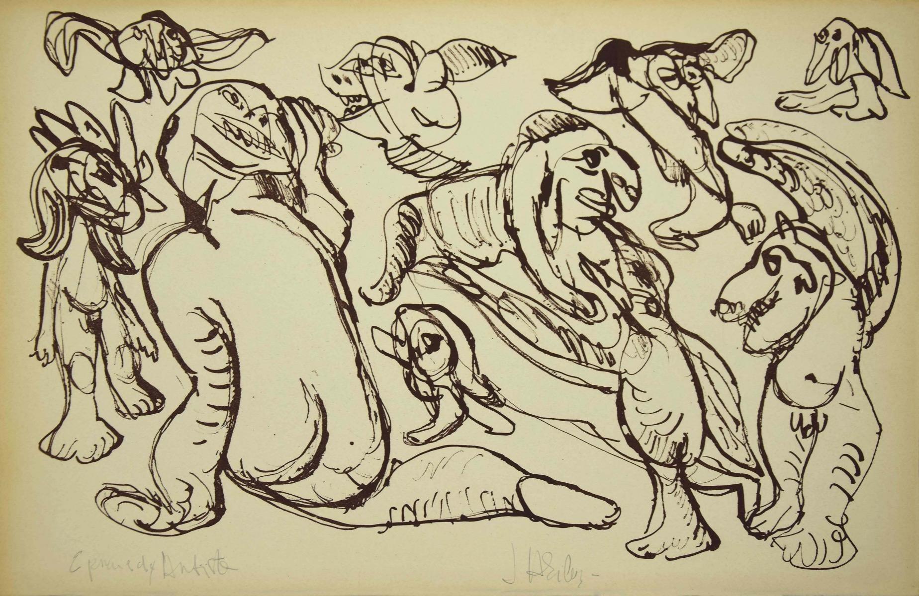 Unknown Figurative Print - The Zoo - Original Lithograph - Late 20th Century