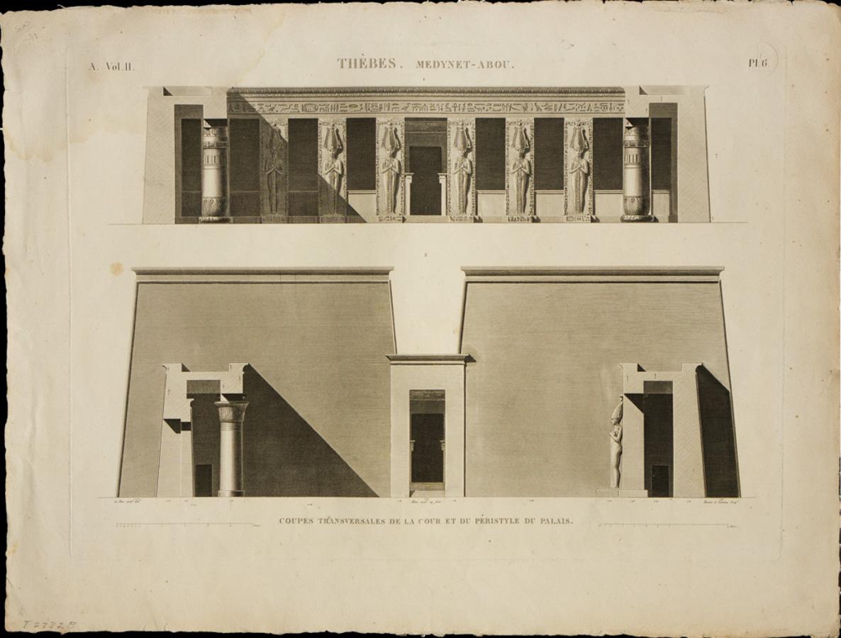 Unknown Print - Thebes. Medynet-Abou / Coupes Transversales de la Cour et du Peristyle du Palais