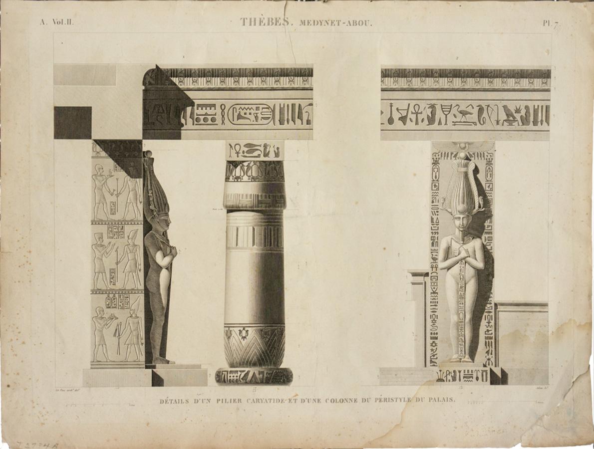 Thebes. Medynet-Abou / Details d’un Pilier Caryatide et d’une Colonne du Peristy