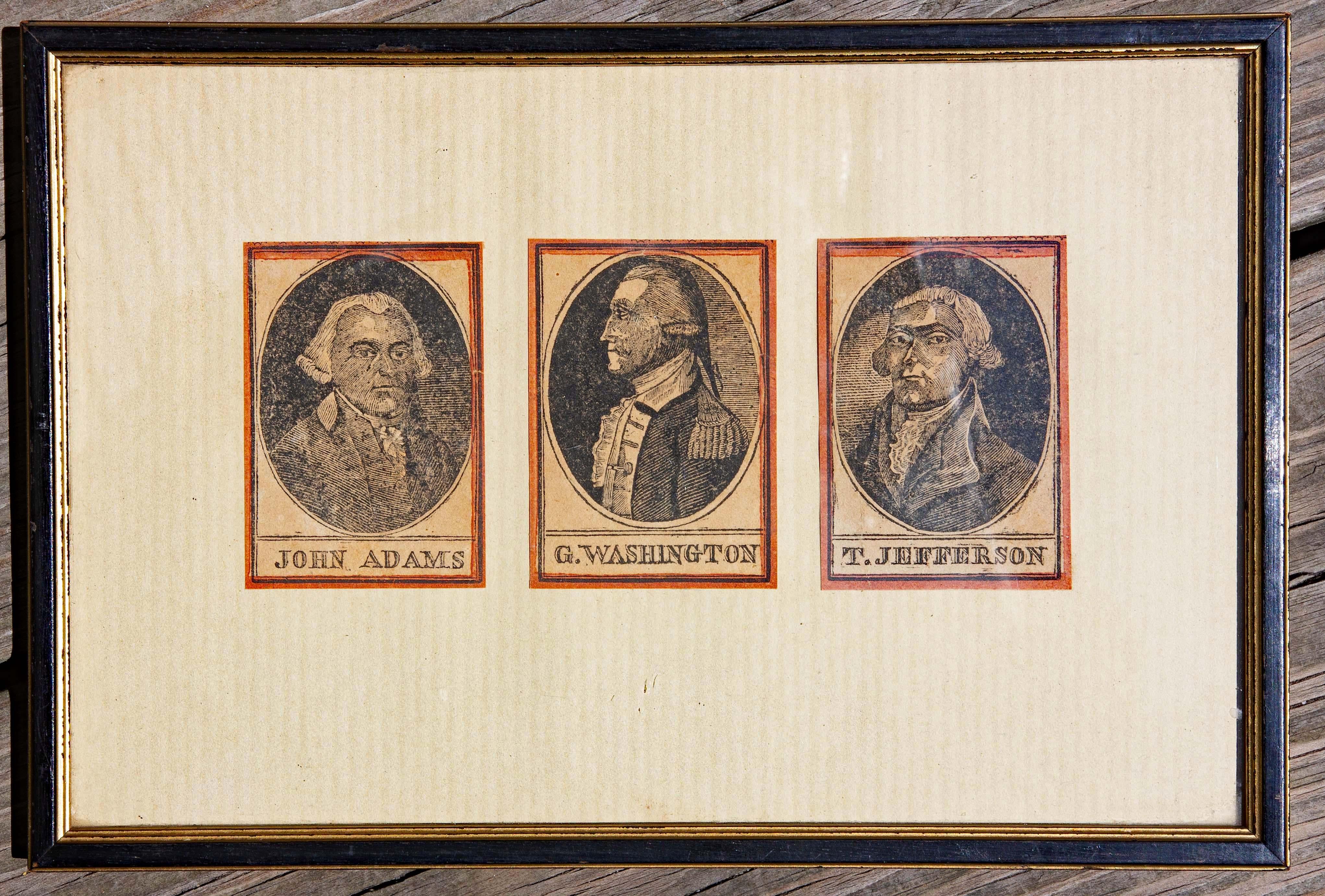 Three 18th century engravings of George Washington, Thomas Jefferson,  and John Adams. Mounted on paper. Each engraving measures 2.75