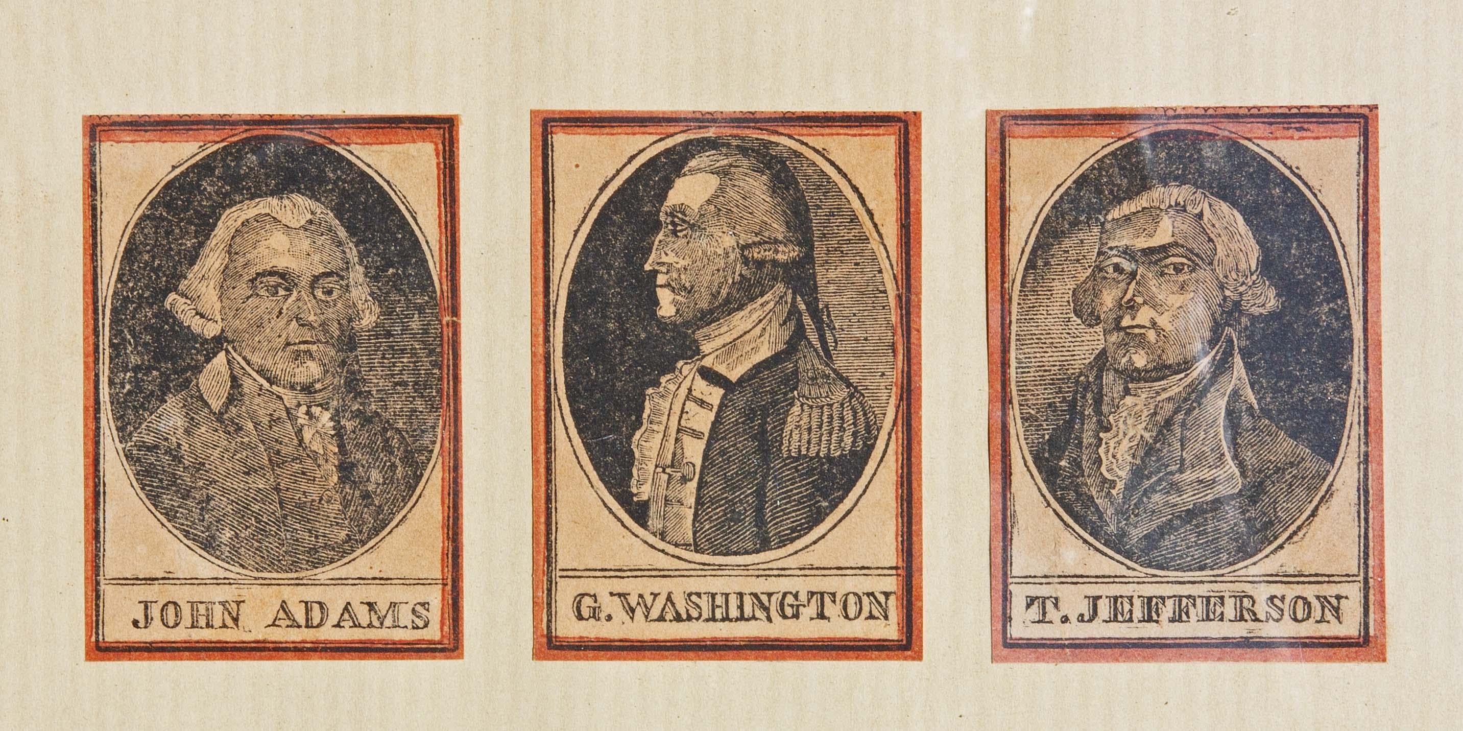 Portrait Print Unknown - Trois gravures de portraits du 18e siècle George Washington Thomas Jefferson 