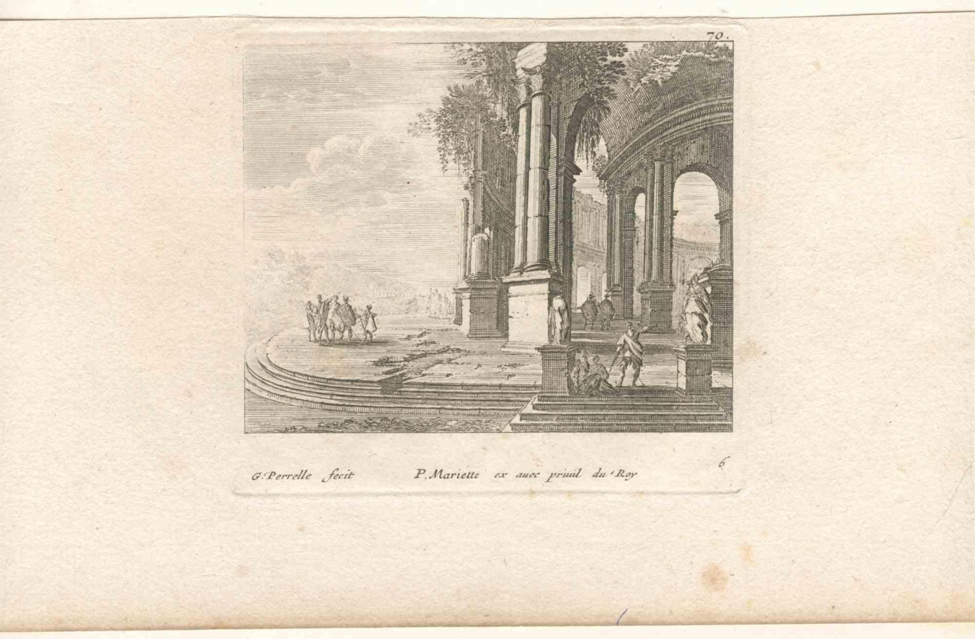 Unknown Landscape Print - Three Capricci With Classical Ruins- Original Etching - 19th Century