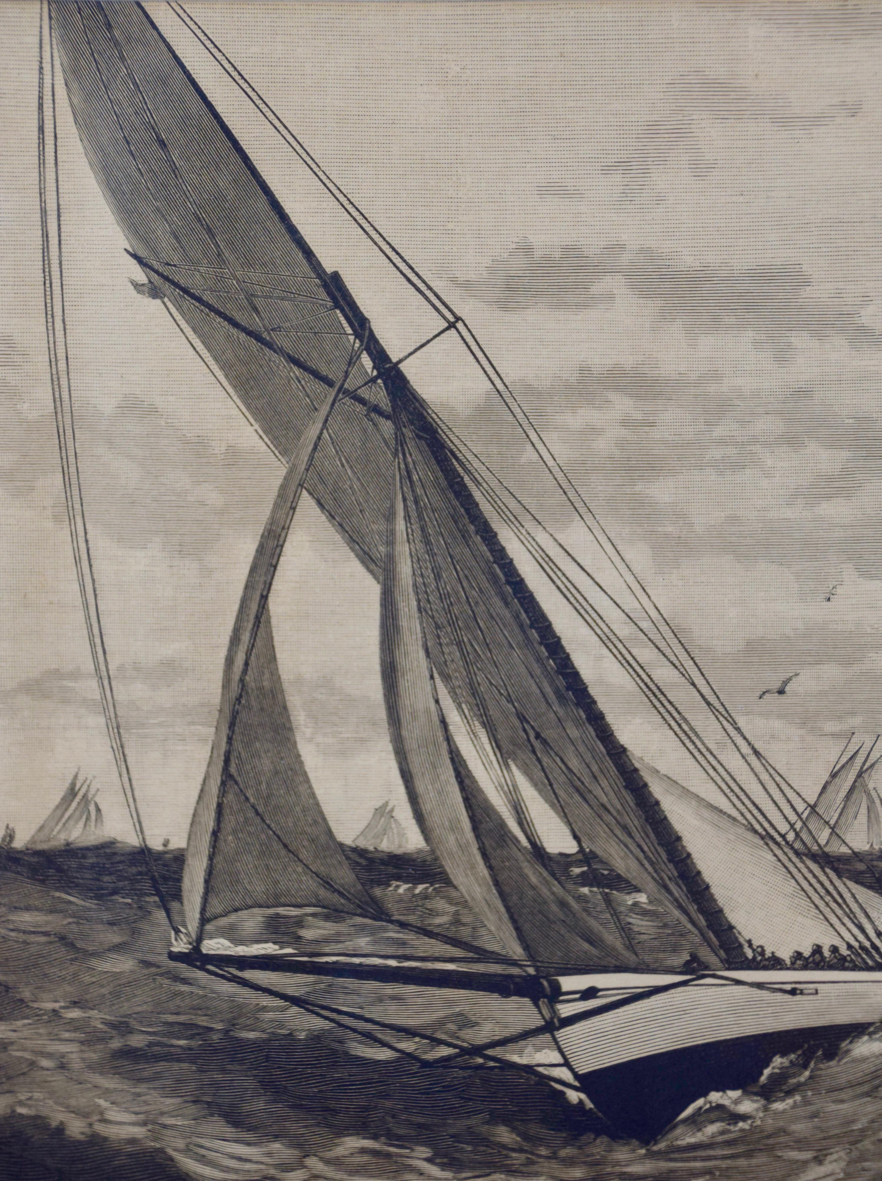 Three Engravings Depicting Sailing Yachts Competing in 1885 America's Cup Trials - Gray Print by Unknown