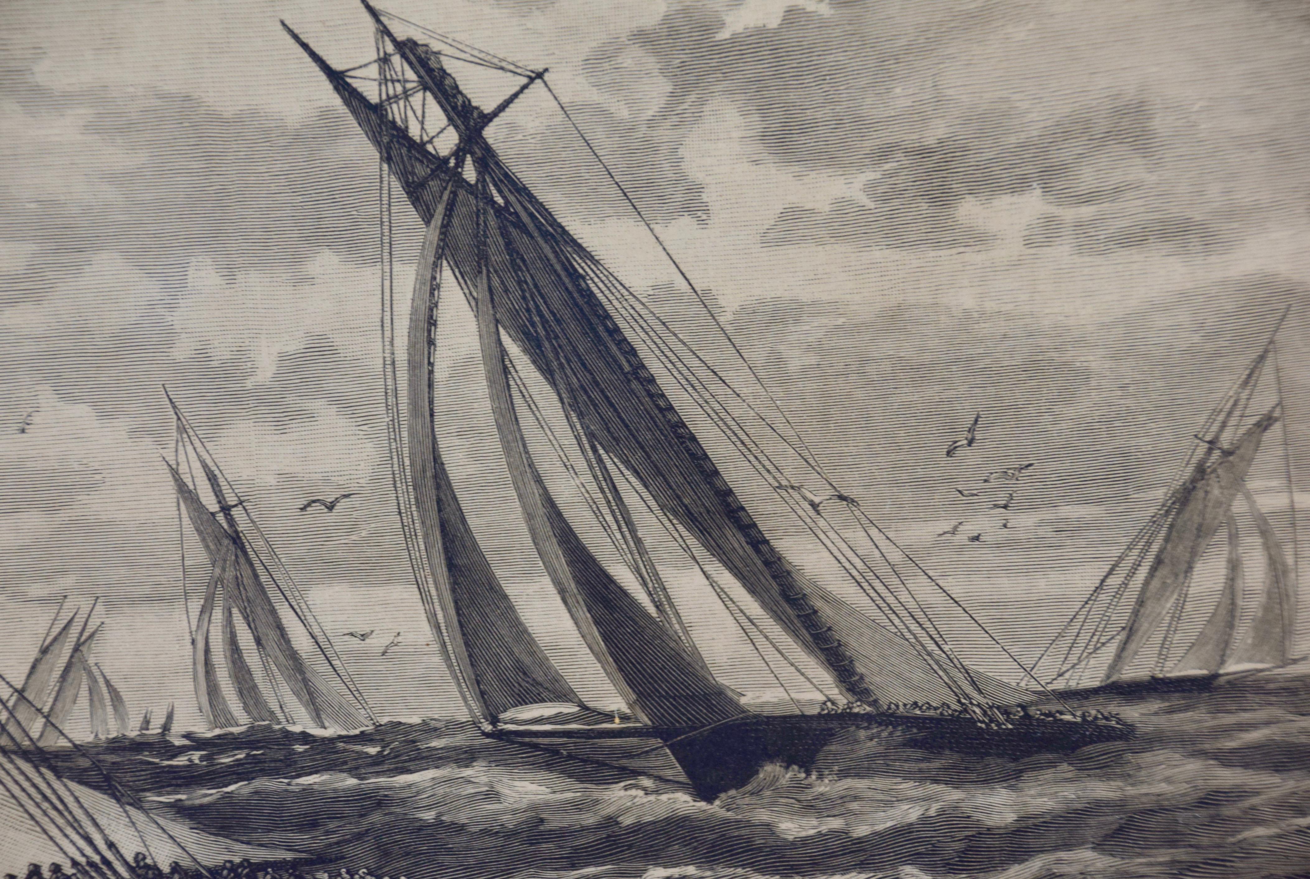 Three woodcut engravings produced in 1885 to commemorate the sailing yacht trials competition to determine the team to represent the United States in the America's Cup races off the New Jersey coast in that same year. 

These three beautiful woodcut