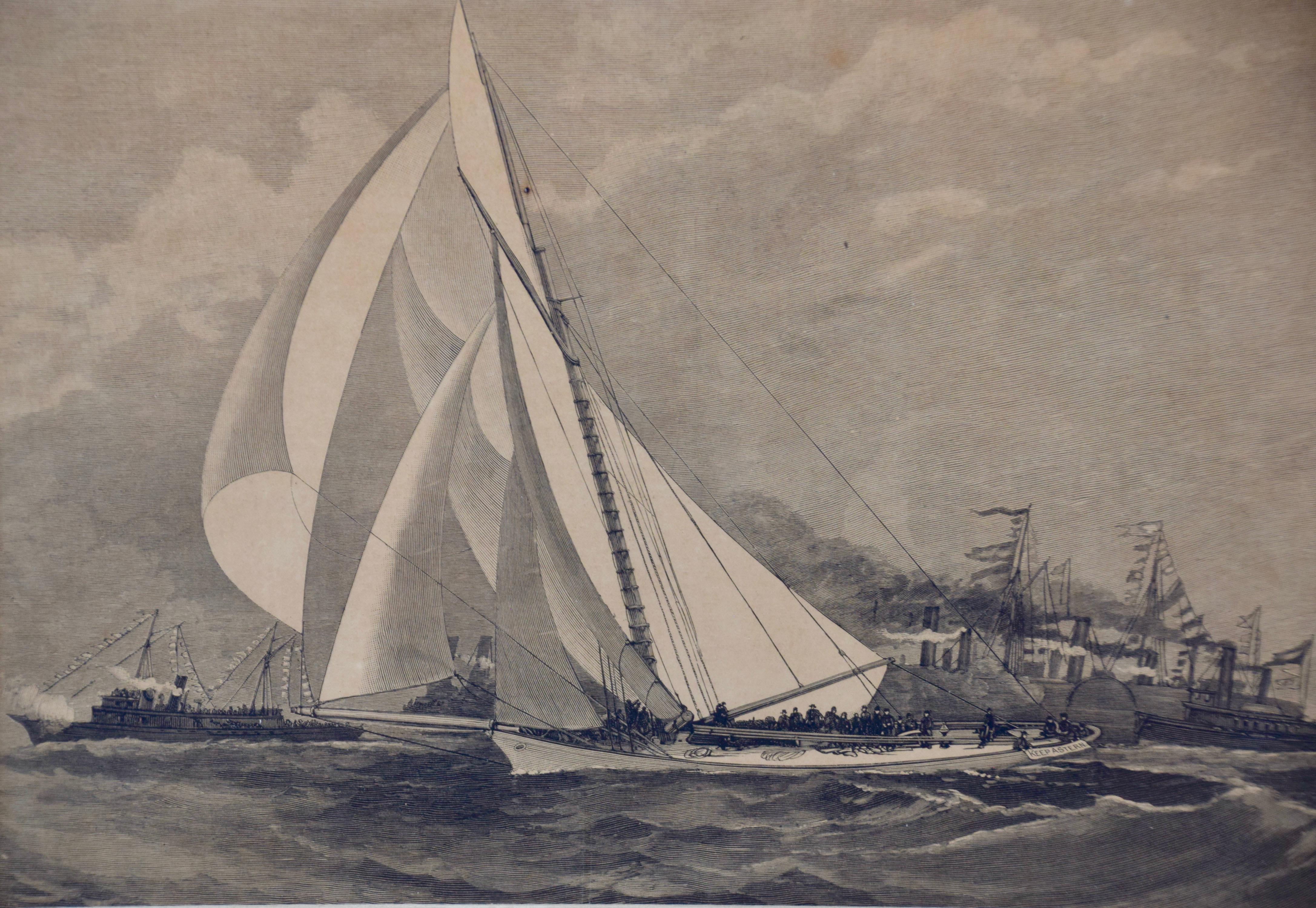 Three Engravings Depicting Sailing Yachts Competing in 1885 America's Cup Trials For Sale 9