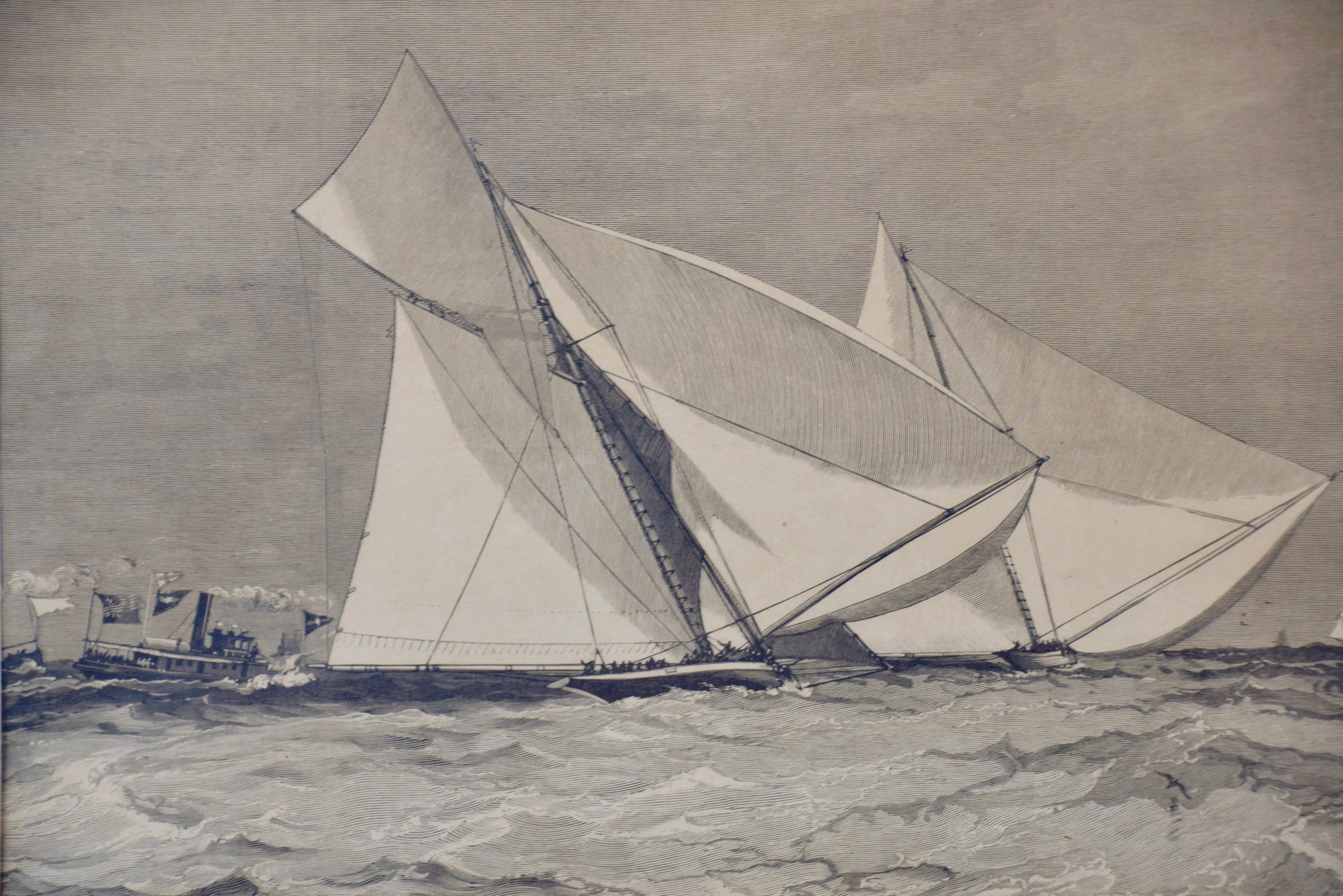 Three Engravings Depicting Sailing Yachts Competing in 1885 America's Cup Trials For Sale 4