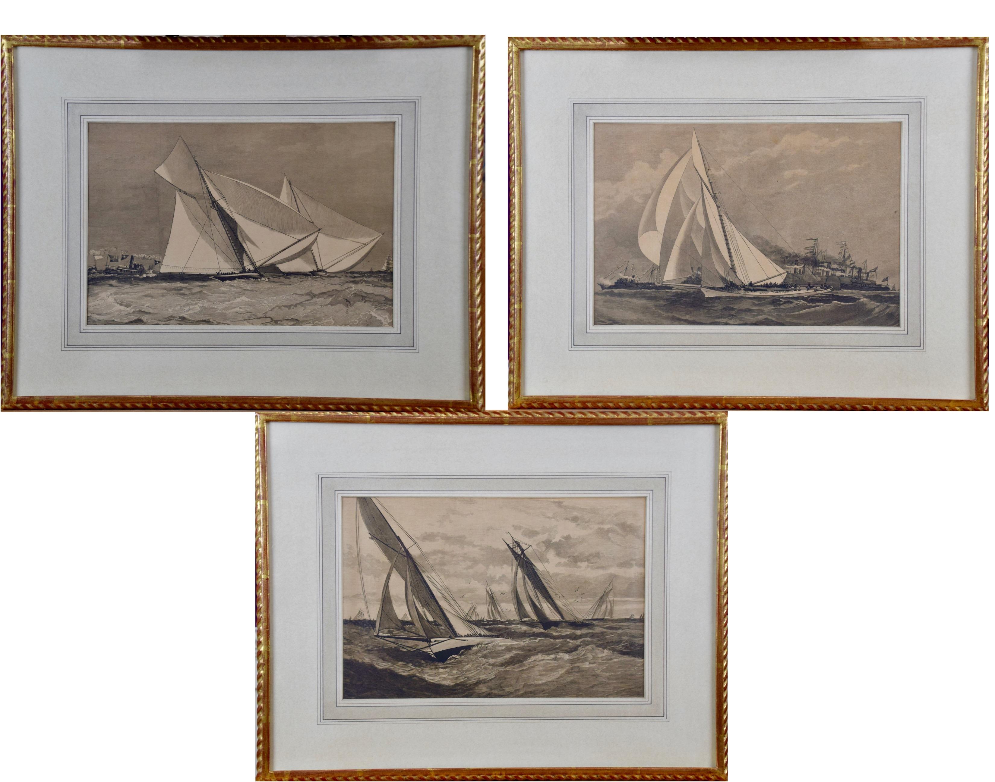 Three Engravings Depicting Sailing Yachts Competing in 1885 America's Cup Trials