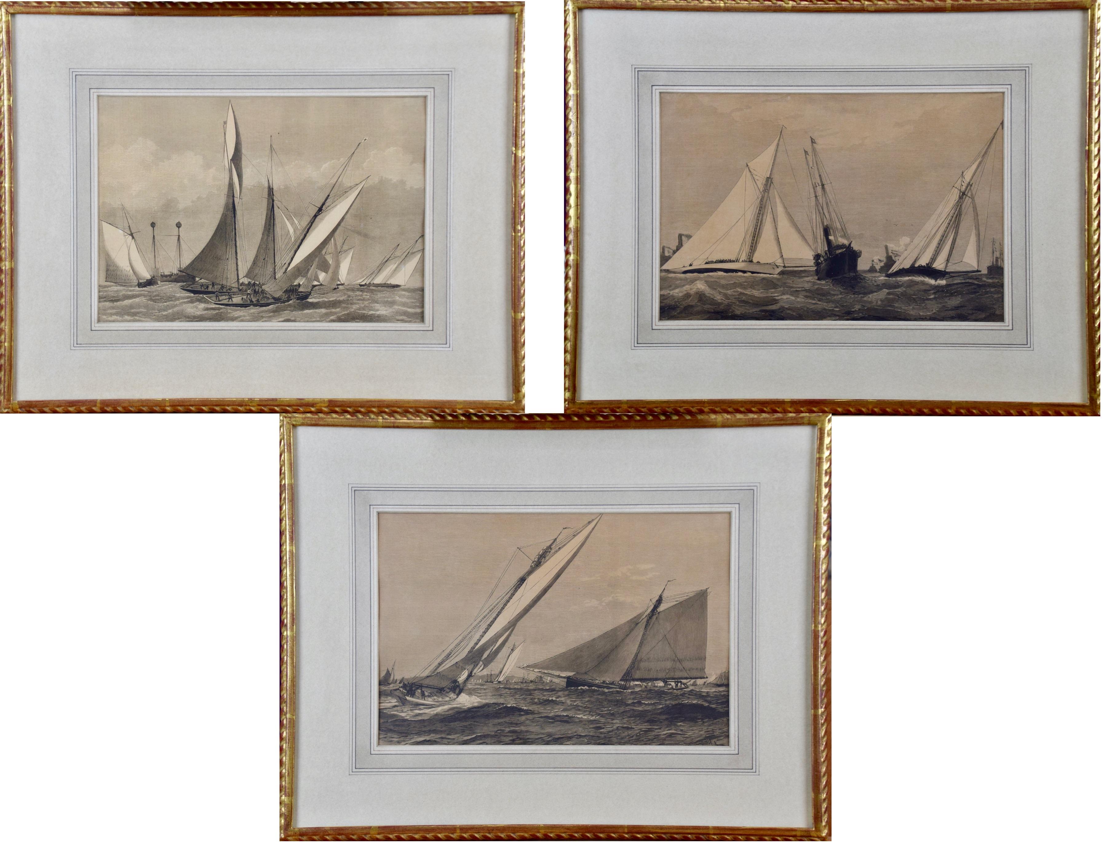 Three Engravings Depicting Sailing Yachts Competing in 1885 America's Cup Trials