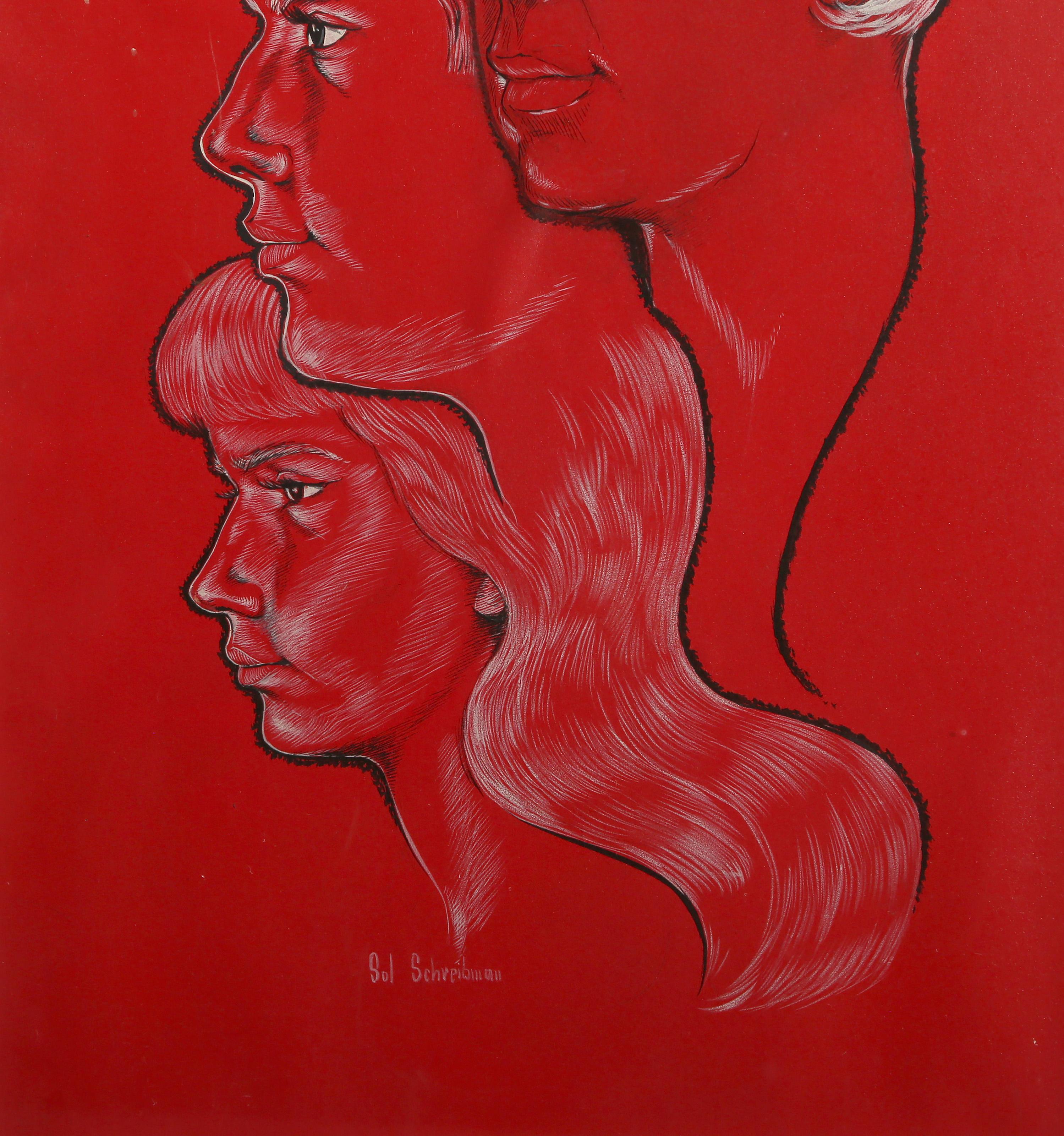 Three Faces, Modern Hand colored Lithograph by Sol Schreibman - Red Portrait Print by Unknown