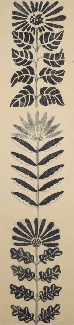 Tres flores, impresión monocroma vertical de Lizzie Wheeler, 2023
