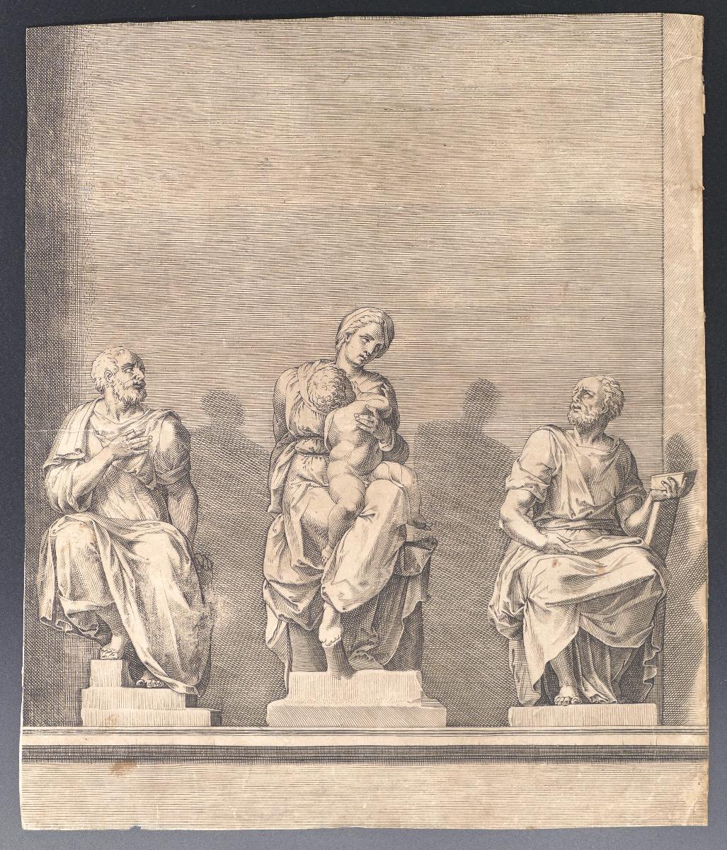 Unknown Figurative Print - Three Statues of Woman with Child In The Center -Original Etching - 19th Century