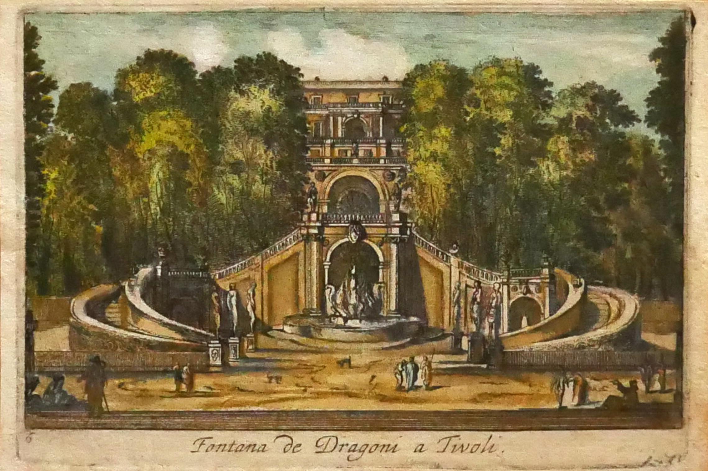 Tivoli - Vue de la fontaine des dragons - Gravure originale de Tivoli - 19ème siècle