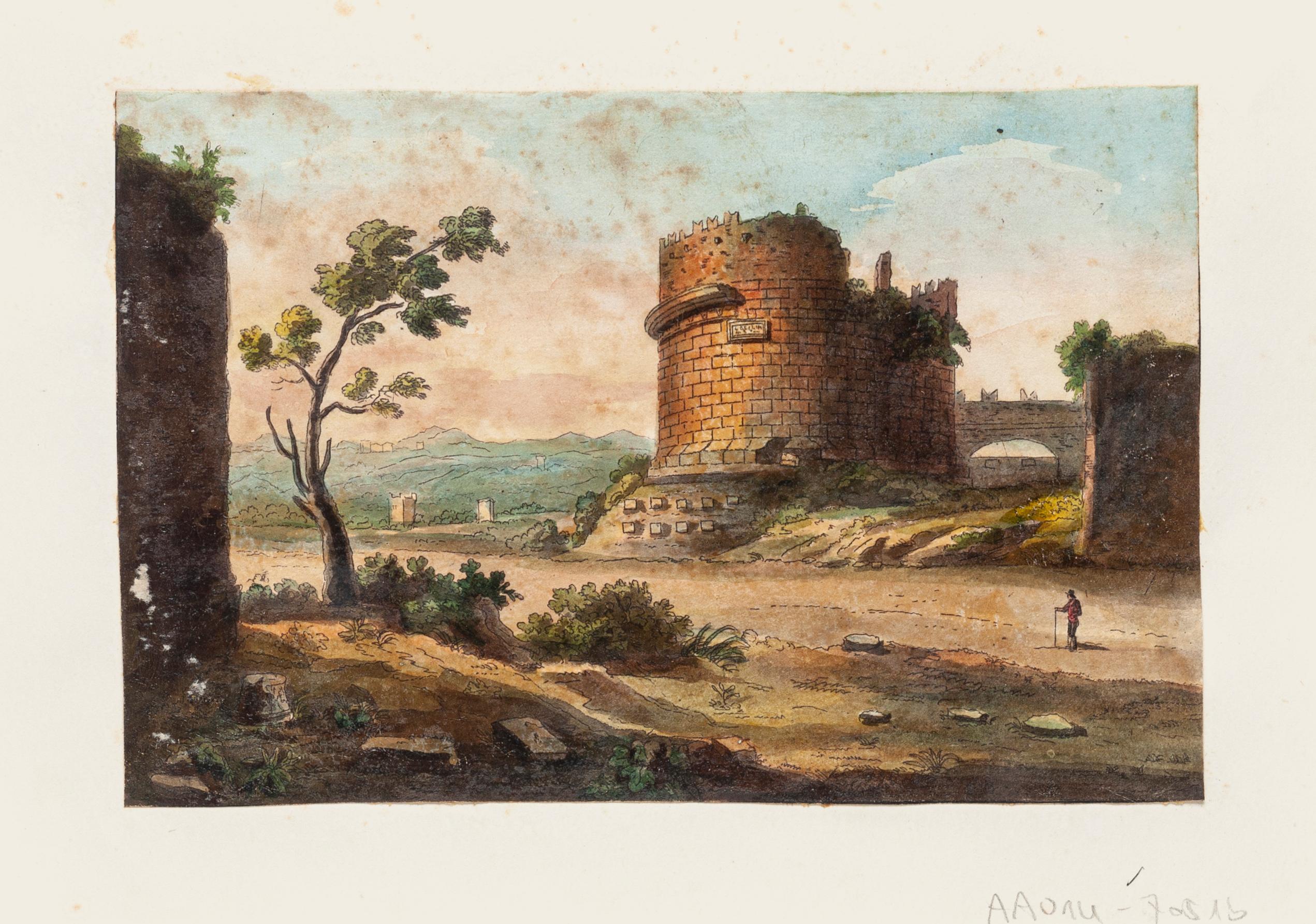 Tomb of Caecilia Metella - Hand Watercolored Etching - 19th Century