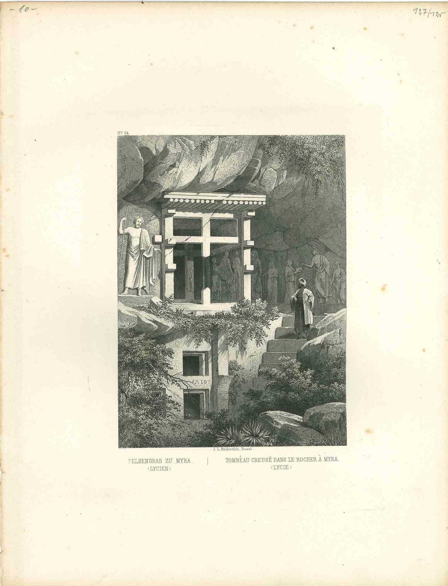 Unknown Landscape Print - Tombeau Creusé dans le Rocher à Myra - Original Lithograph - Mid 19th Century